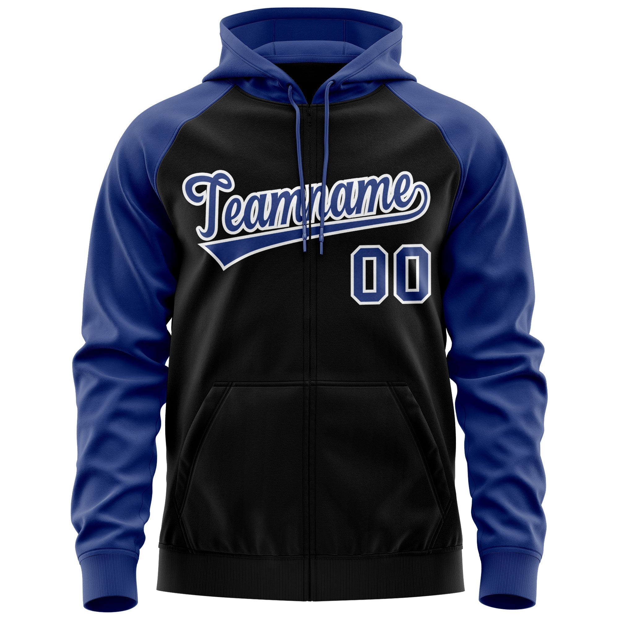 Custom Stitched Black Royal-White Raglan Sleeves Sports Full-Zip Sweatshirt Hoodie| KXKSHOP