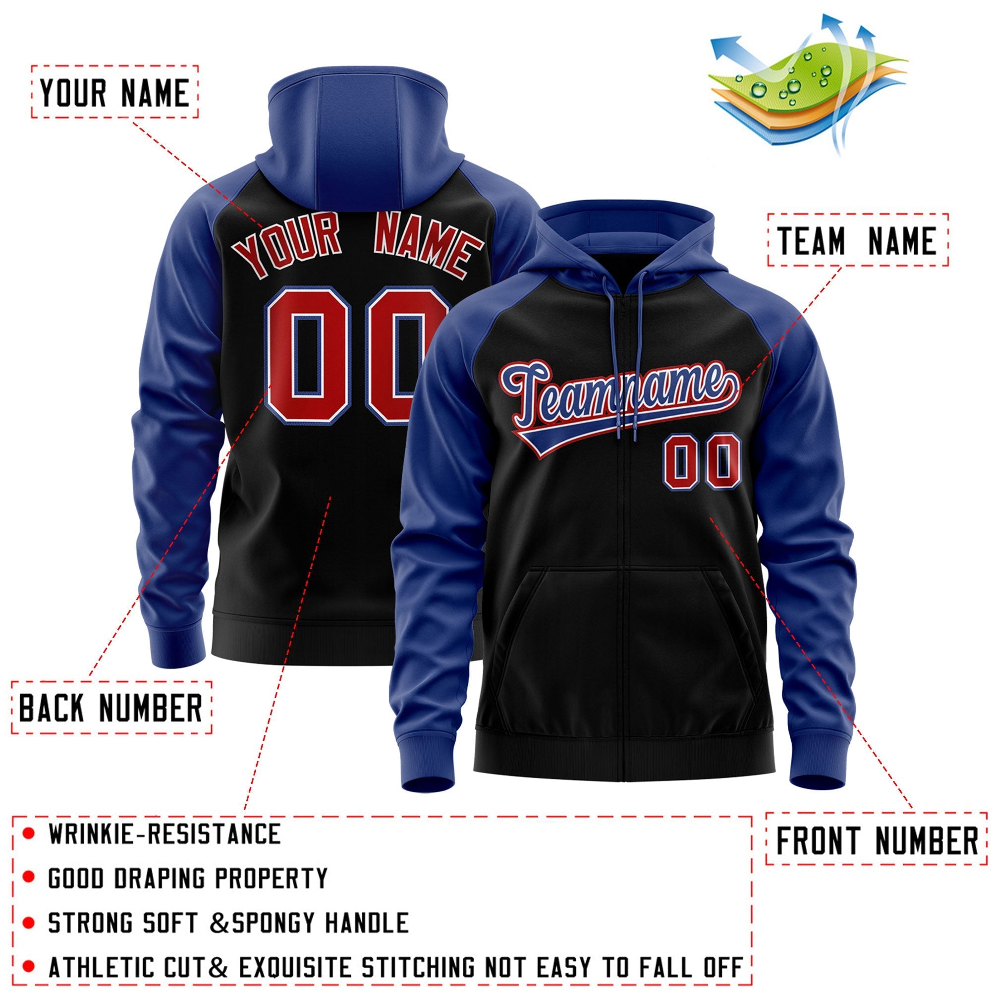 Custom Stitched Black Royal-Red Raglan Sleeves Sports Full-Zip Sweatshirt Hoodie| KXKSHOP