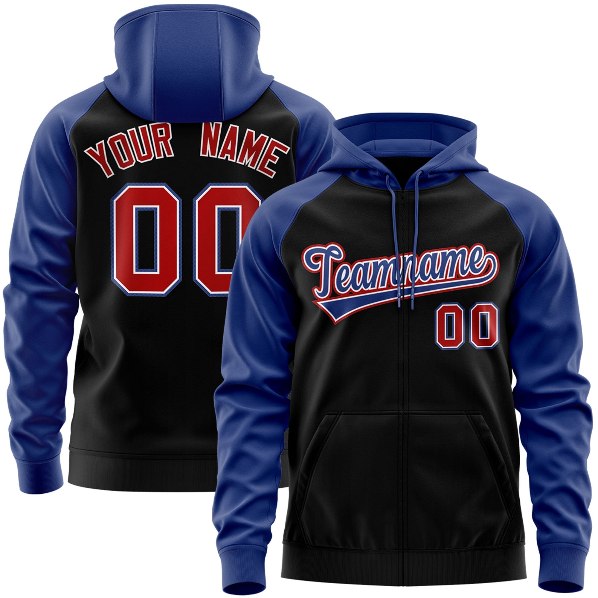 Custom Stitched Black Royal-Red Raglan Sleeves Sports Full-Zip Sweatshirt Hoodie| KXKSHOP