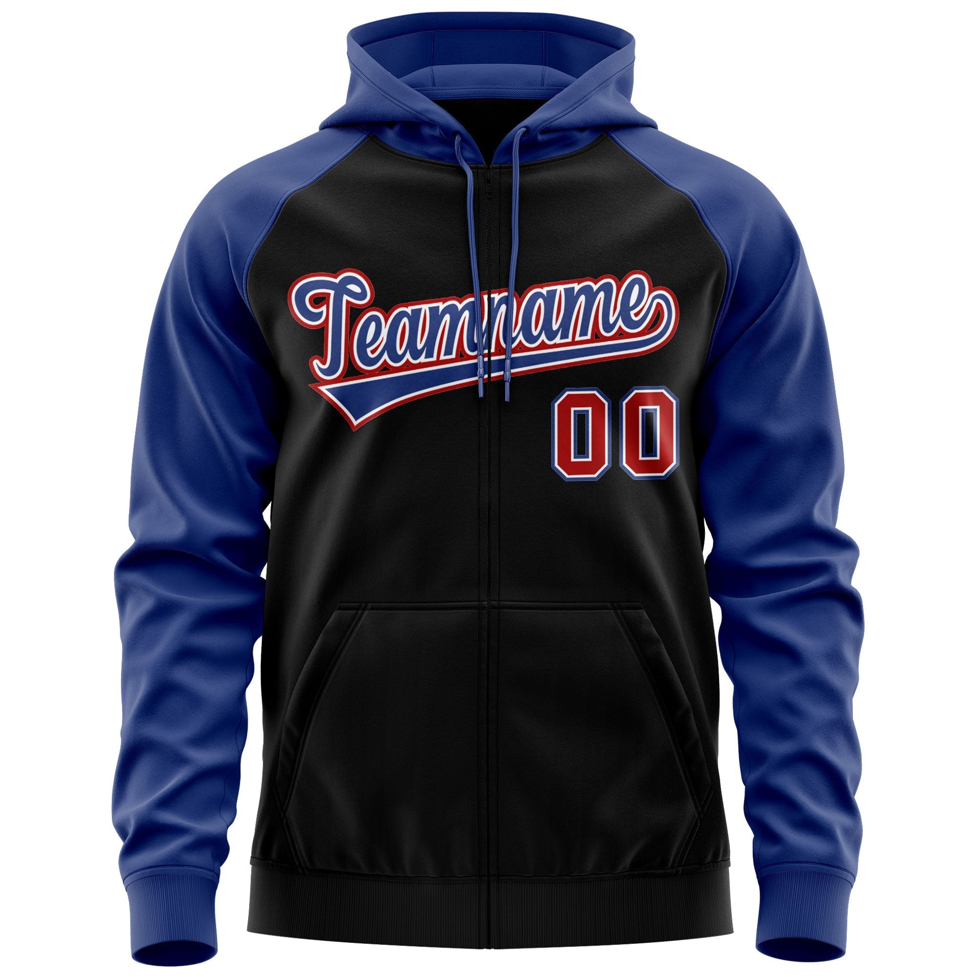 Custom Stitched Black Royal-Red Raglan Sleeves Sports Full-Zip Sweatshirt Hoodie| KXKSHOP