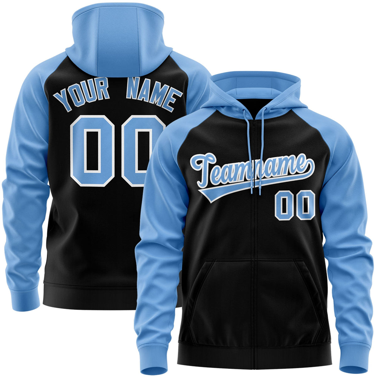 Custom Stitched Black Powder Blue-White Raglan Sleeves Sports Full-Zip Sweatshirt Hoodie| KXKSHOP