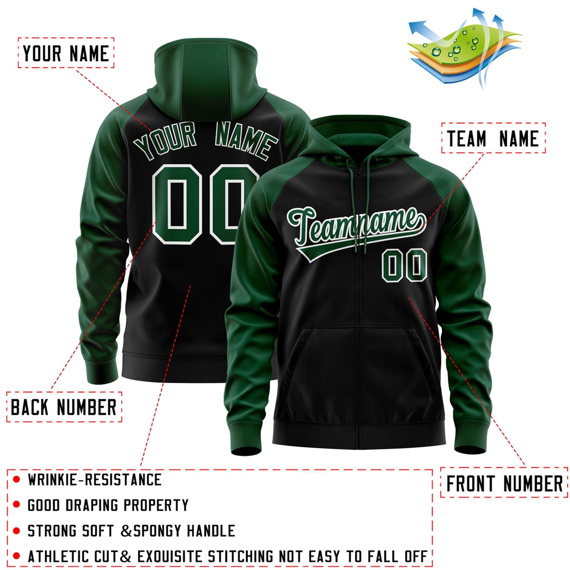 Custom Stitched Black Green-White Raglan Sleeves Sports Full-Zip Sweatshirt Hoodie| KXKSHOP