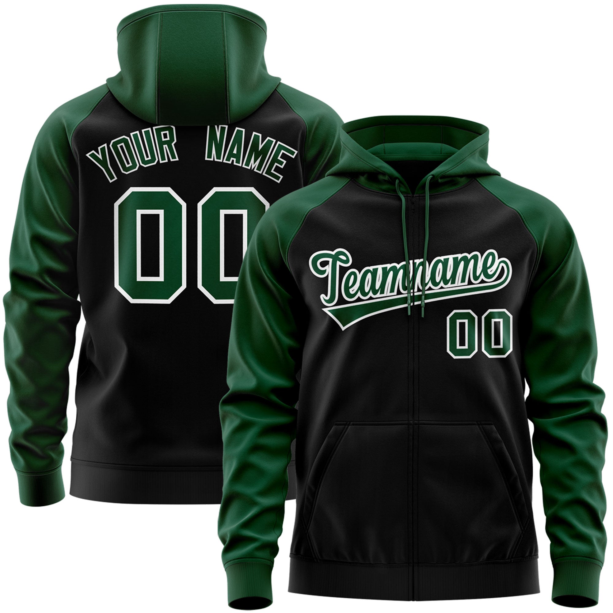 Custom Stitched Black Green-White Raglan Sleeves Sports Full-Zip Sweatshirt Hoodie| KXKSHOP