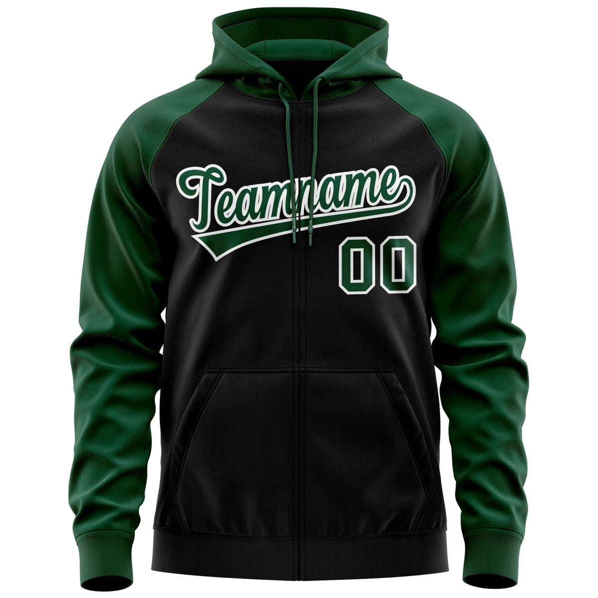 Custom Stitched Black Green-White Raglan Sleeves Sports Full-Zip Sweatshirt Hoodie| KXKSHOP