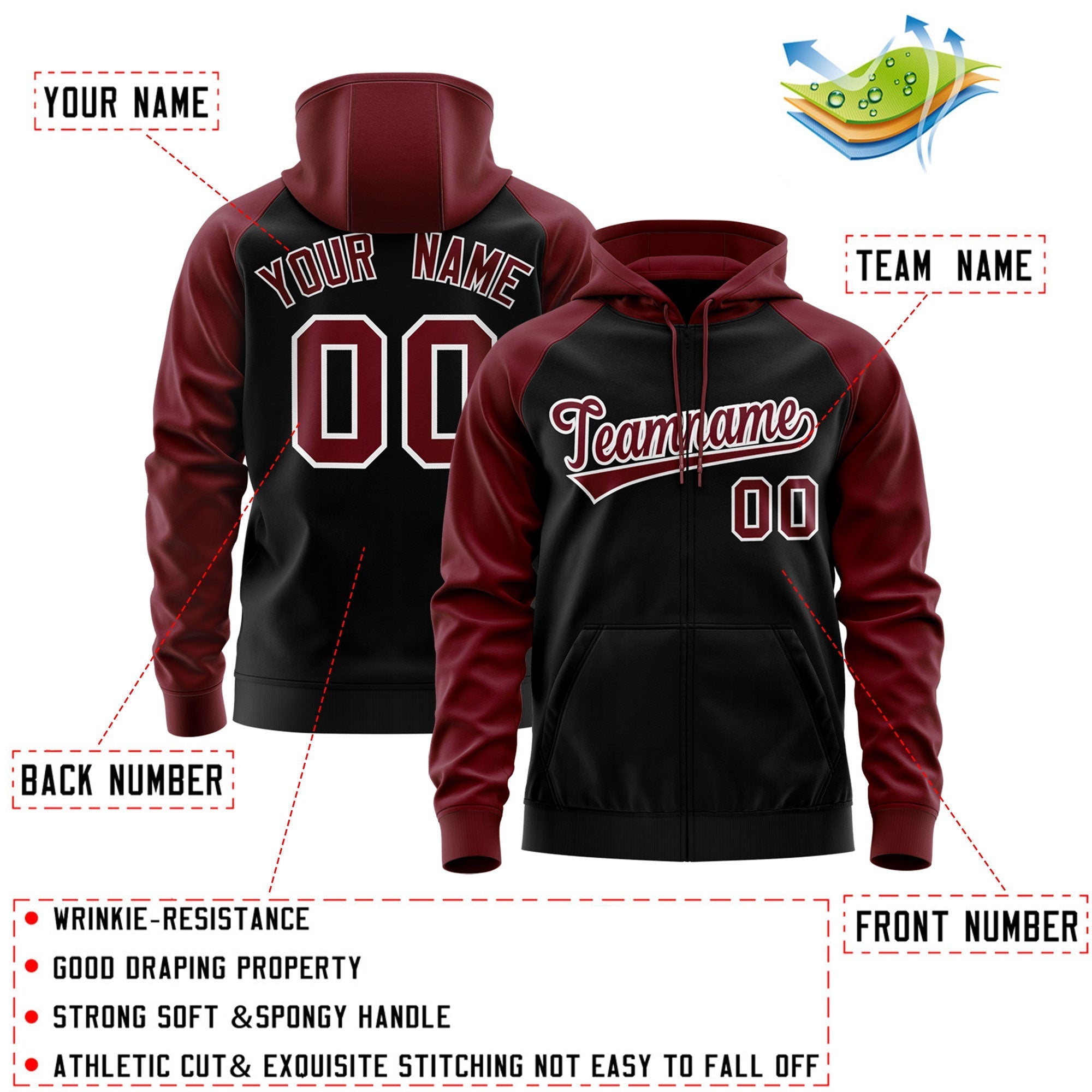Custom Stitched Black Crimson-White Raglan Sleeves Sports Full-Zip Sweatshirt Hoodie| KXKSHOP