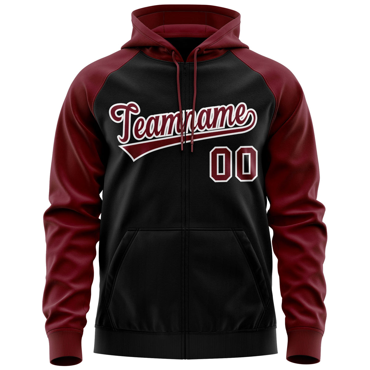 Custom Stitched Black Crimson-White Raglan Sleeves Sports Full-Zip Sweatshirt Hoodie| KXKSHOP