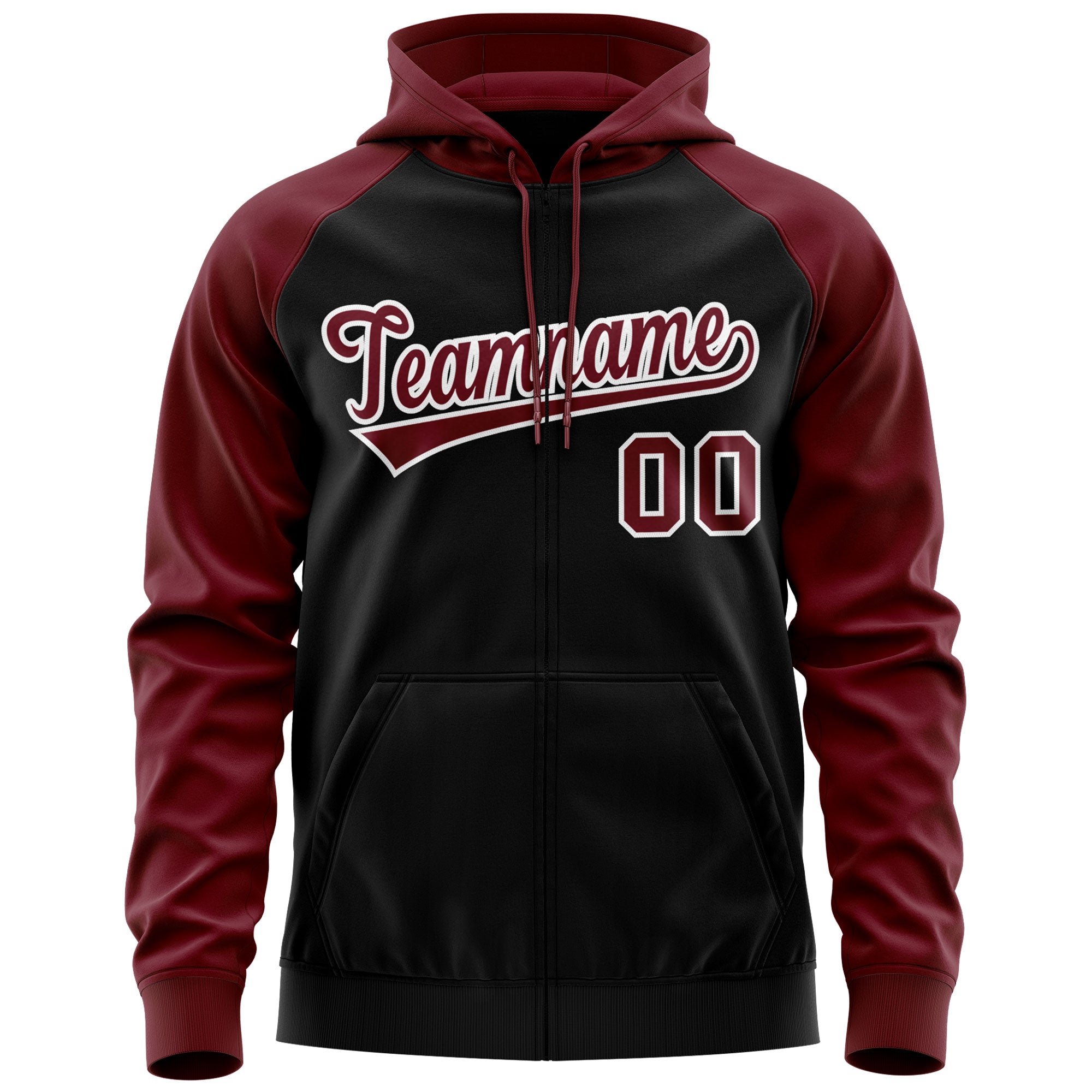 Custom Stitched Black Crimson-White Raglan Sleeves Sports Full-Zip Sweatshirt Hoodie| KXKSHOP