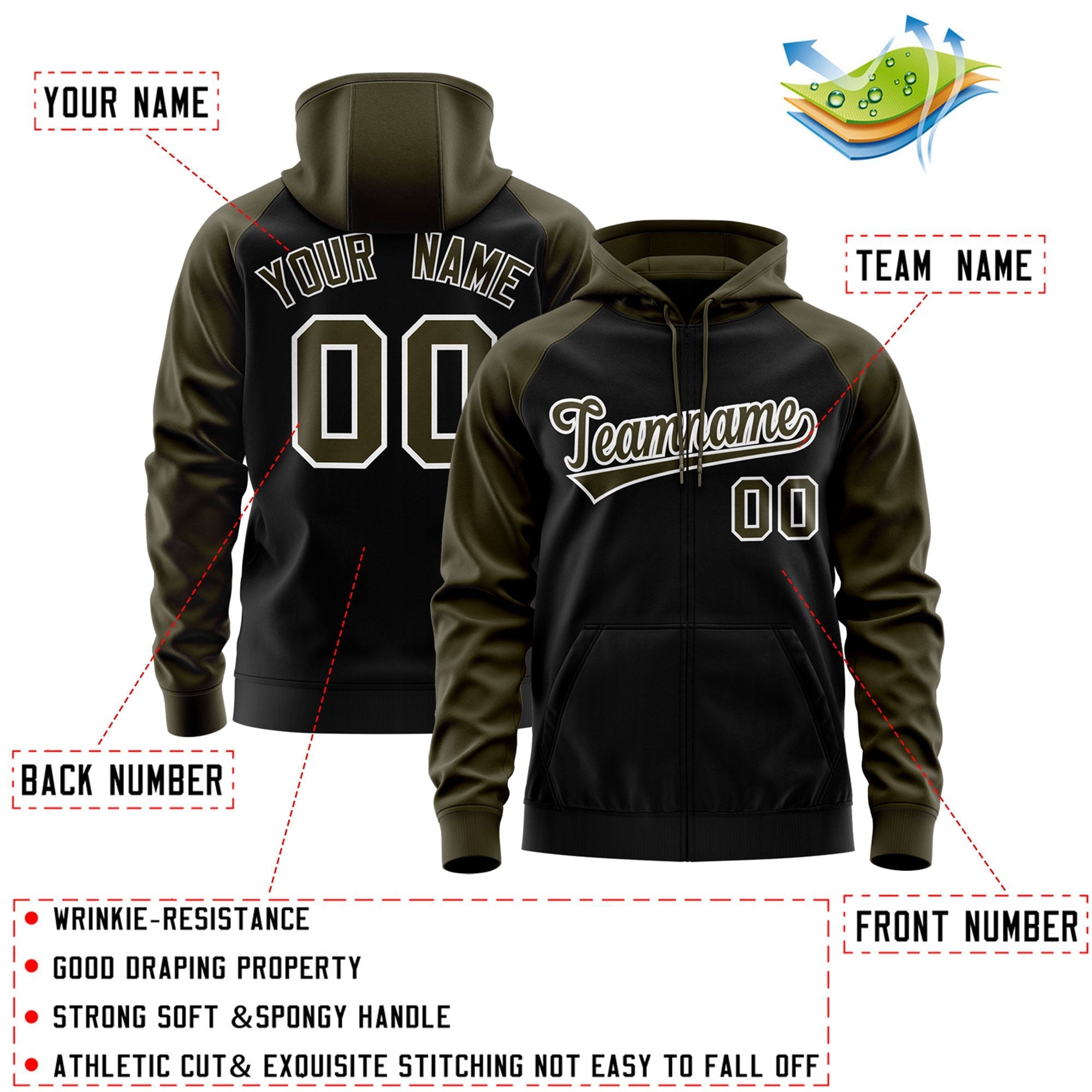 Custom Stitched Black Olive-White Raglan Sleeves Sports Full-Zip Sweatshirt Hoodie| KXKSHOP