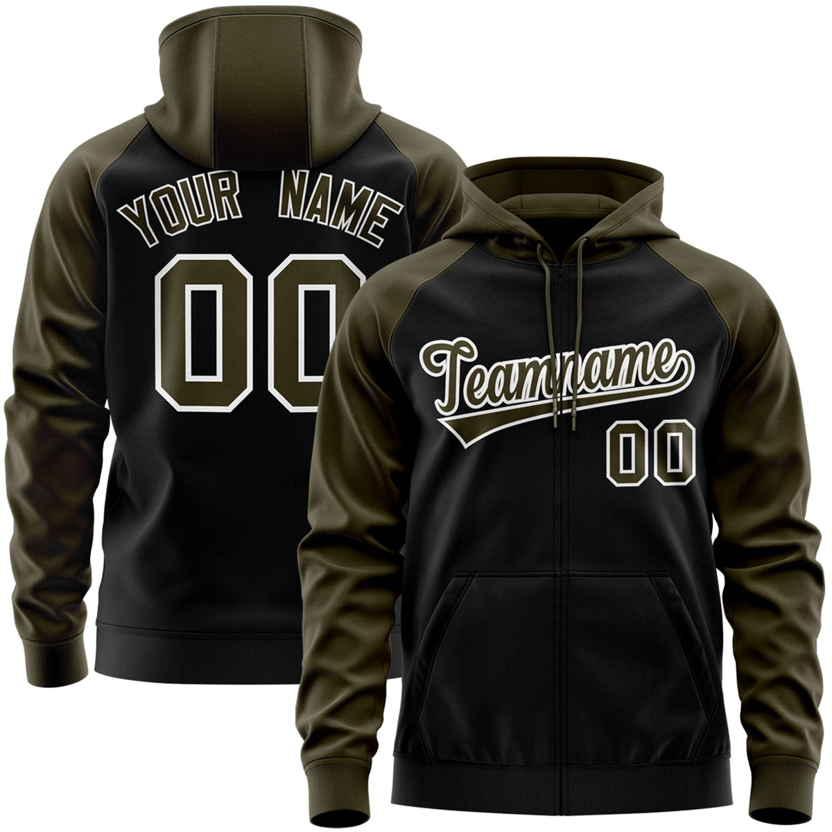 Custom Stitched Black Olive-White Raglan Sleeves Sports Full-Zip Sweatshirt Hoodie| KXKSHOP