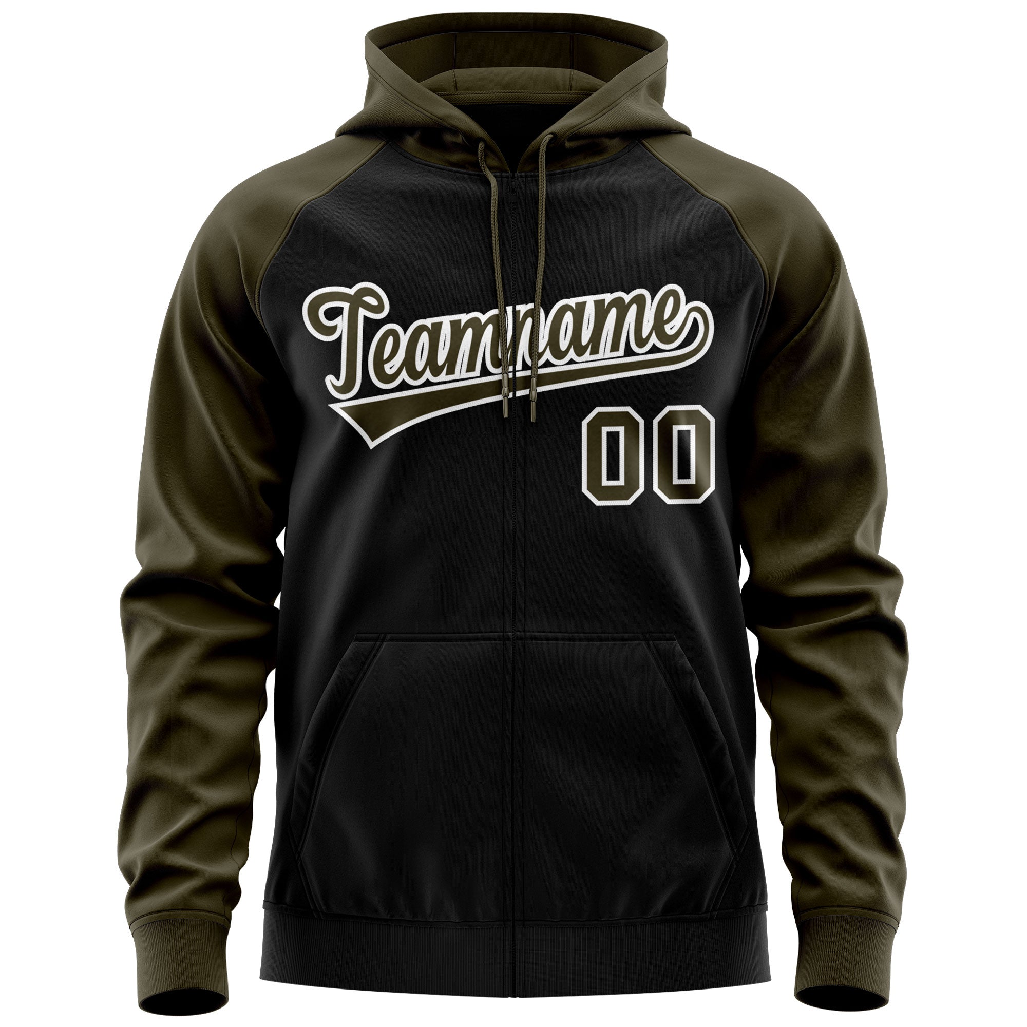 Custom Stitched Black Olive-White Raglan Sleeves Sports Full-Zip Sweatshirt Hoodie| KXKSHOP