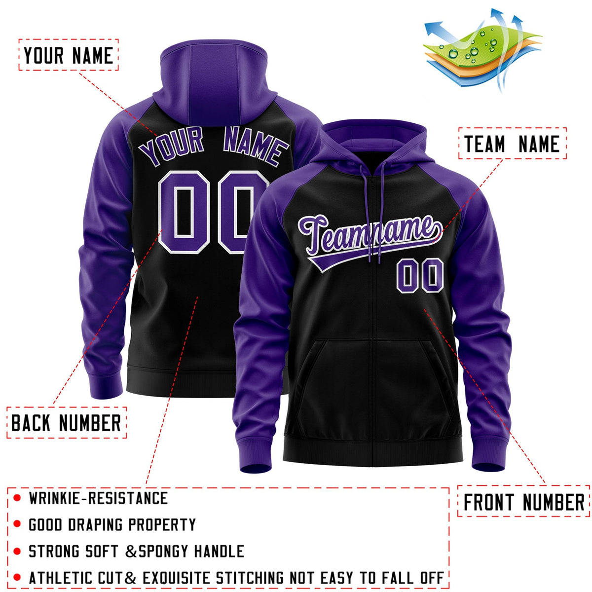 Custom Stitched Black Purple-White Raglan Sleeves Sports Full-Zip Sweatshirt Hoodie| KXKSHOP