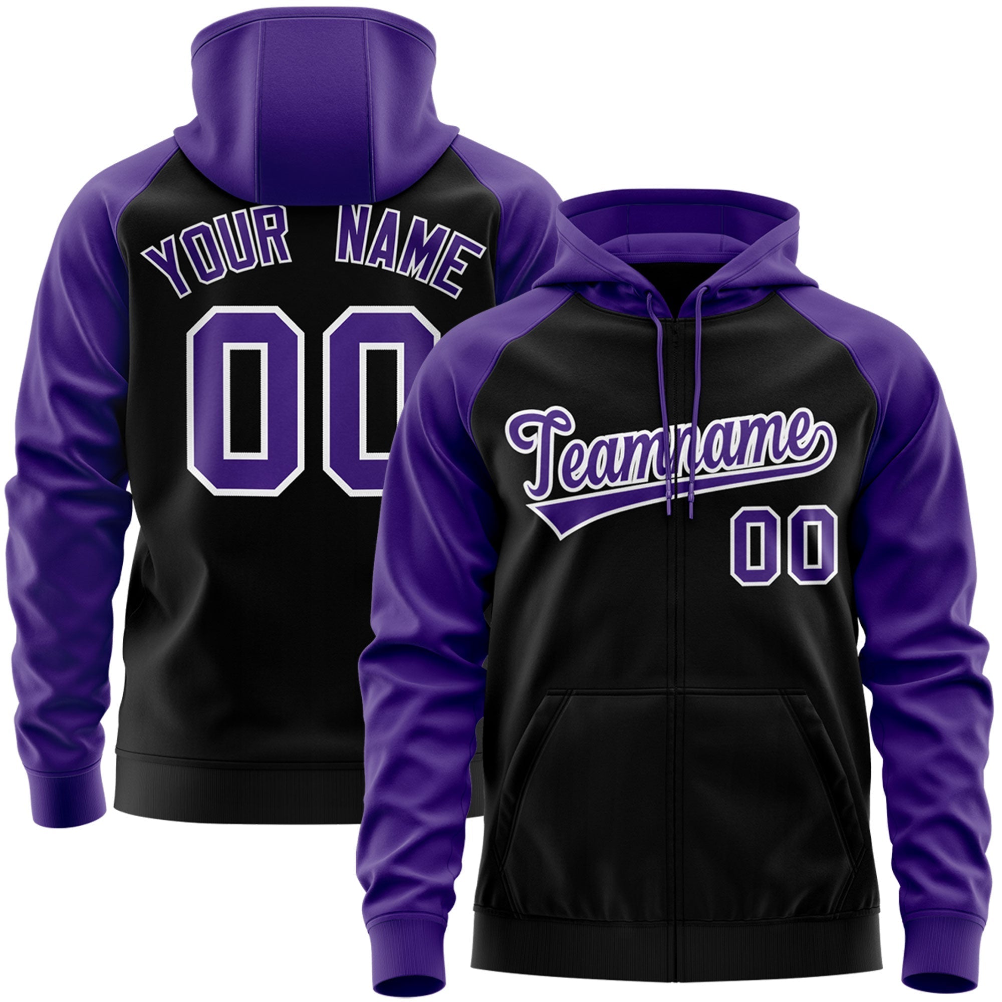 Custom Stitched Black Purple-White Raglan Sleeves Sports Full-Zip Sweatshirt Hoodie| KXKSHOP