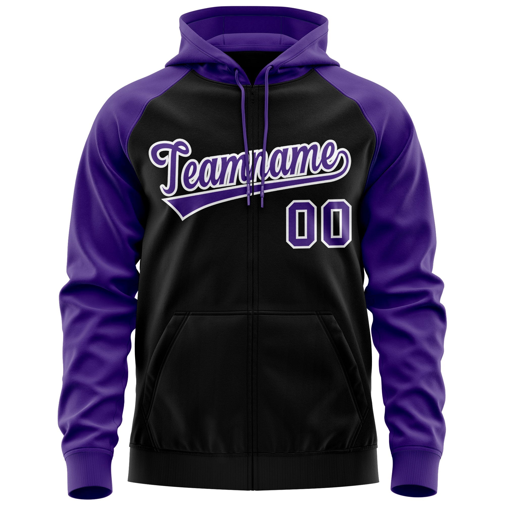 Custom Stitched Black Purple-White Raglan Sleeves Sports Full-Zip Sweatshirt Hoodie| KXKSHOP