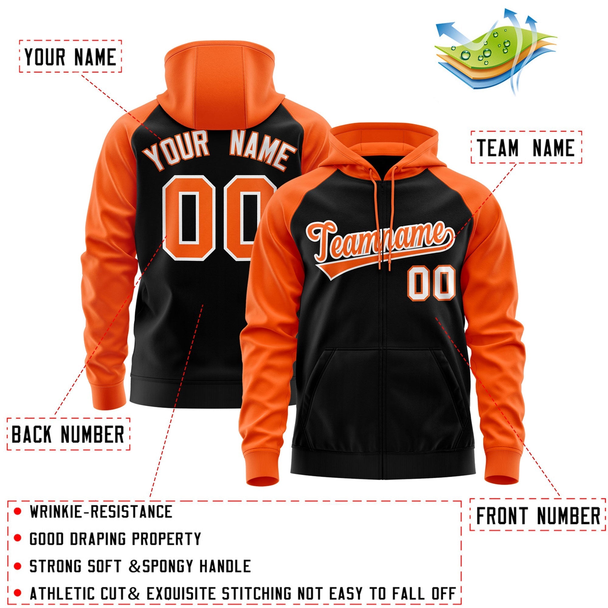 Custom Stitched Black Orange-White Raglan Sleeves Sports Full-Zip Sweatshirt Hoodie| KXKSHOP