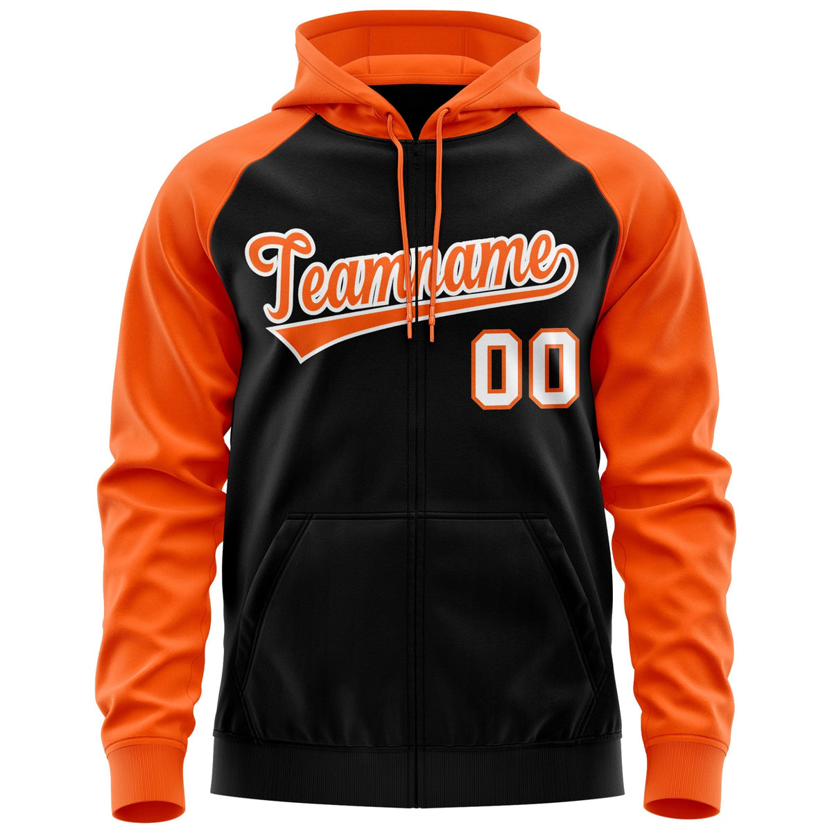 Custom Stitched Black Orange-White Raglan Sleeves Sports Full-Zip Sweatshirt Hoodie| KXKSHOP