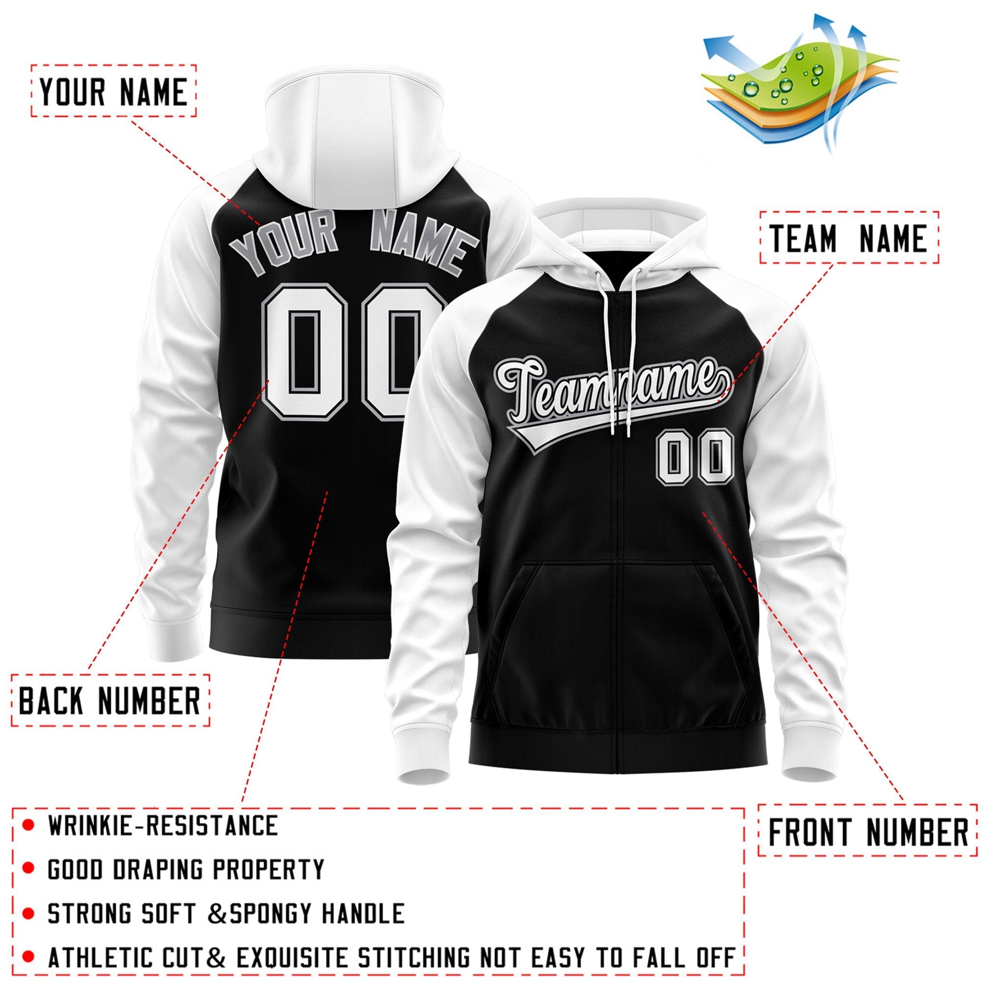 Custom Stitched Black White-Gray Raglan Sleeves Sports Full-Zip Sweatshirt Hoodie| KXKSHOP