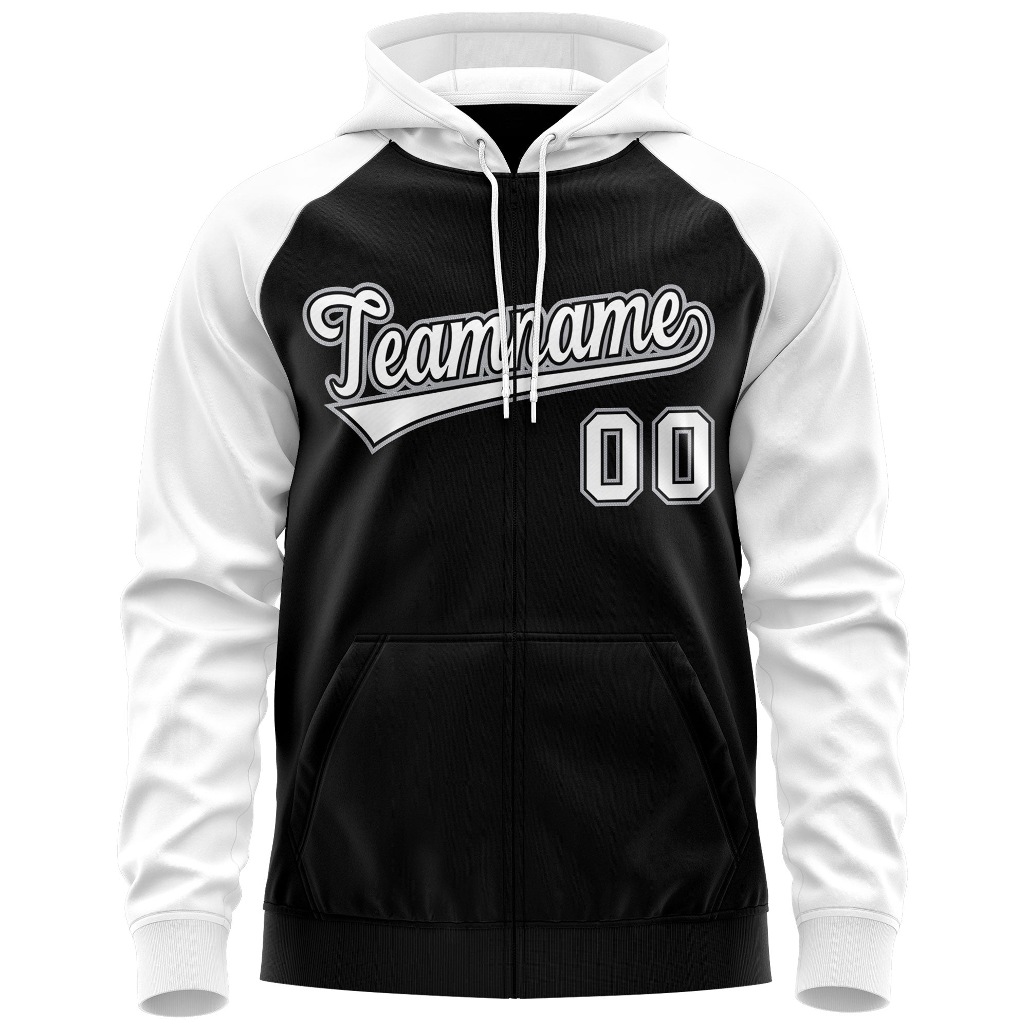 Custom Stitched Black White-Gray Raglan Sleeves Sports Full-Zip Sweatshirt Hoodie| KXKSHOP