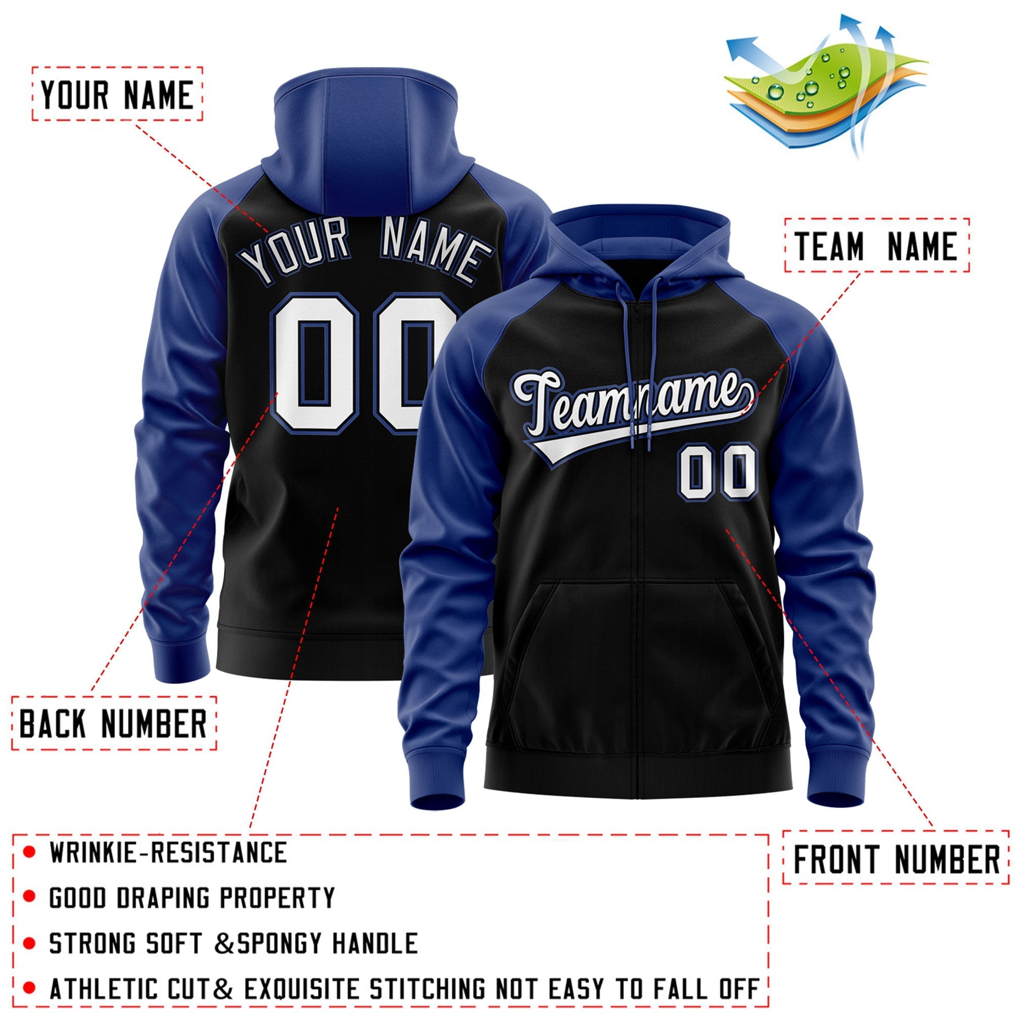 Custom Stitched Black White-Royal Raglan Sleeves Sports Full-Zip Sweatshirt Hoodie| KXKSHOP
