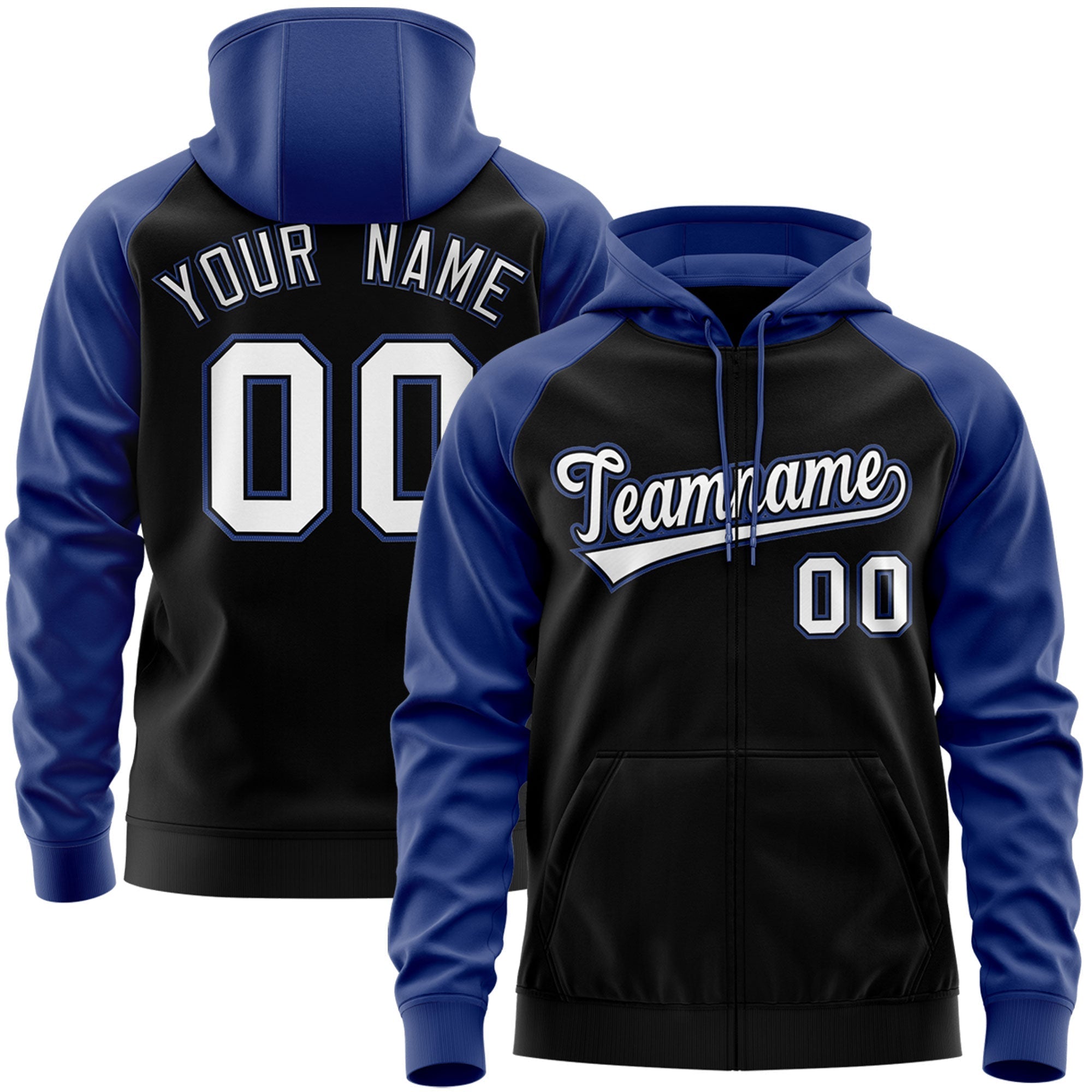 Custom Stitched Black White-Royal Raglan Sleeves Sports Full-Zip Sweatshirt Hoodie| KXKSHOP
