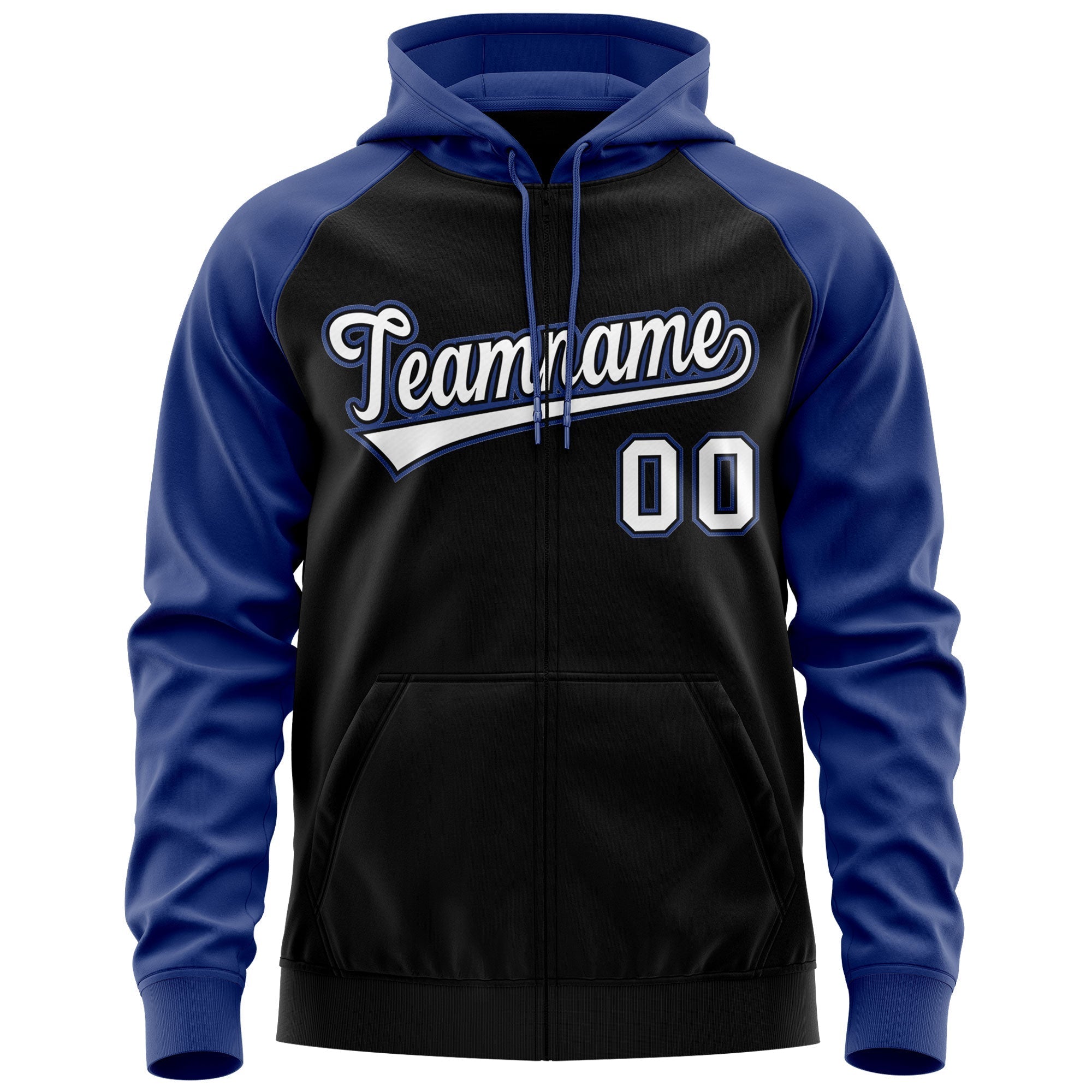 Custom Stitched Black White-Royal Raglan Sleeves Sports Full-Zip Sweatshirt Hoodie| KXKSHOP