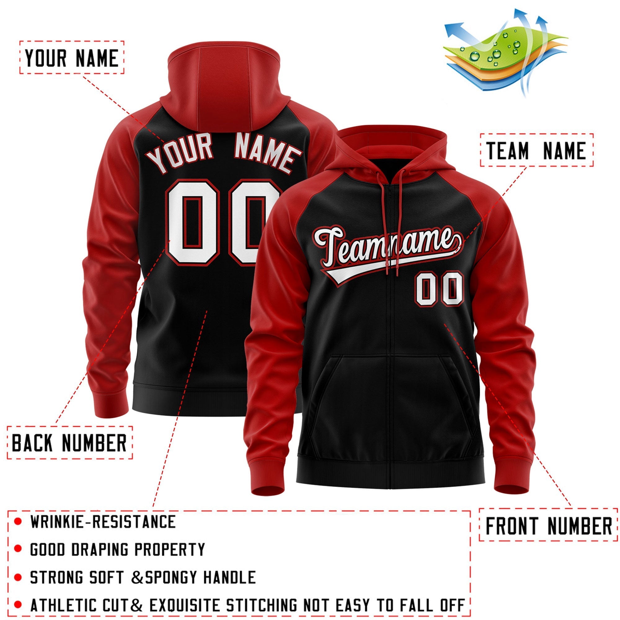 Custom Stitched Black White-Red Raglan Sleeves Sports Full-Zip Sweatshirt Hoodie| KXKSHOP