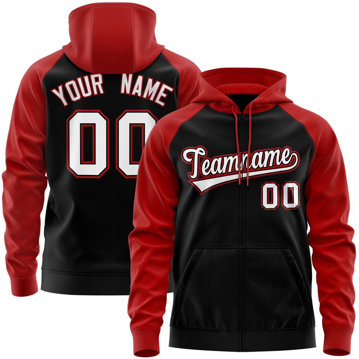 Custom Stitched Black White-Red Raglan Sleeves Sports Full-Zip Sweatshirt Hoodie| KXKSHOP