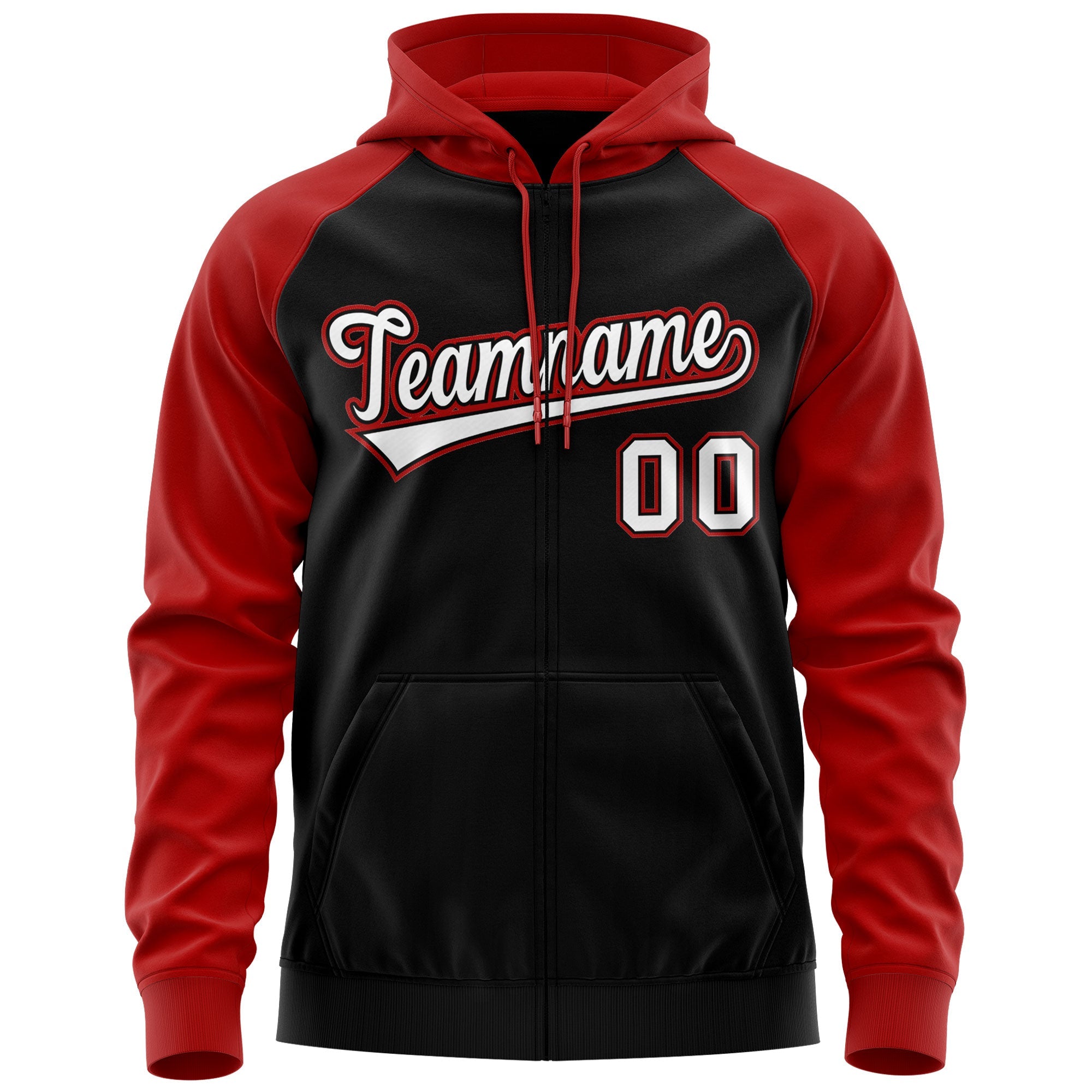 Custom Stitched Black White-Red Raglan Sleeves Sports Full-Zip Sweatshirt Hoodie| KXKSHOP