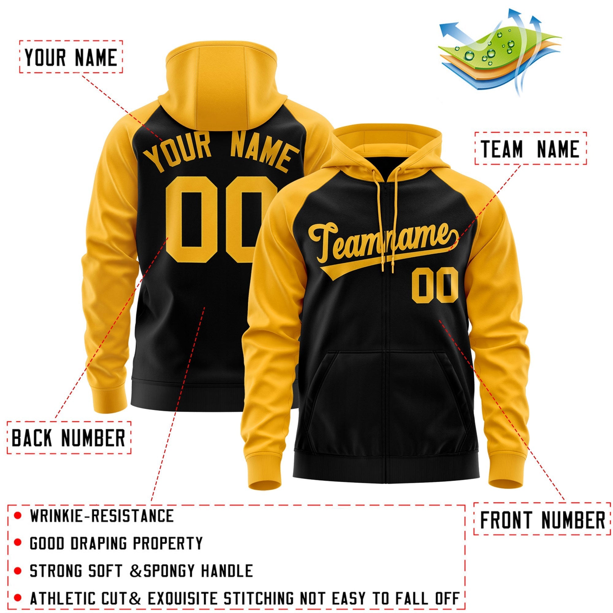 Custom Stitched Black Gold Raglan Sleeves Sports Full-Zip Sweatshirt Hoodie| KXKSHOP