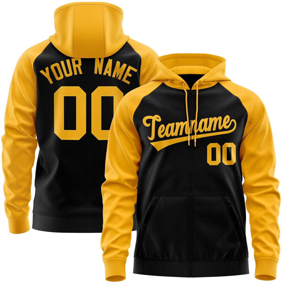Custom Stitched Black Gold Raglan Sleeves Sports Full-Zip Sweatshirt Hoodie| KXKSHOP