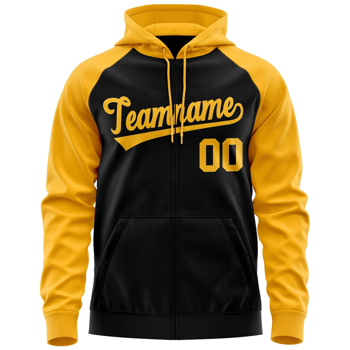 Custom Stitched Black Gold Raglan Sleeves Sports Full-Zip Sweatshirt Hoodie| KXKSHOP