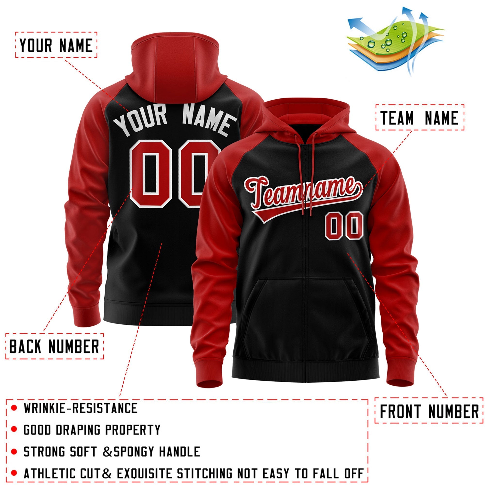 Custom Stitched Black Red-White Raglan Sleeves Sports Full-Zip Sweatshirt Hoodie| KXKSHOP