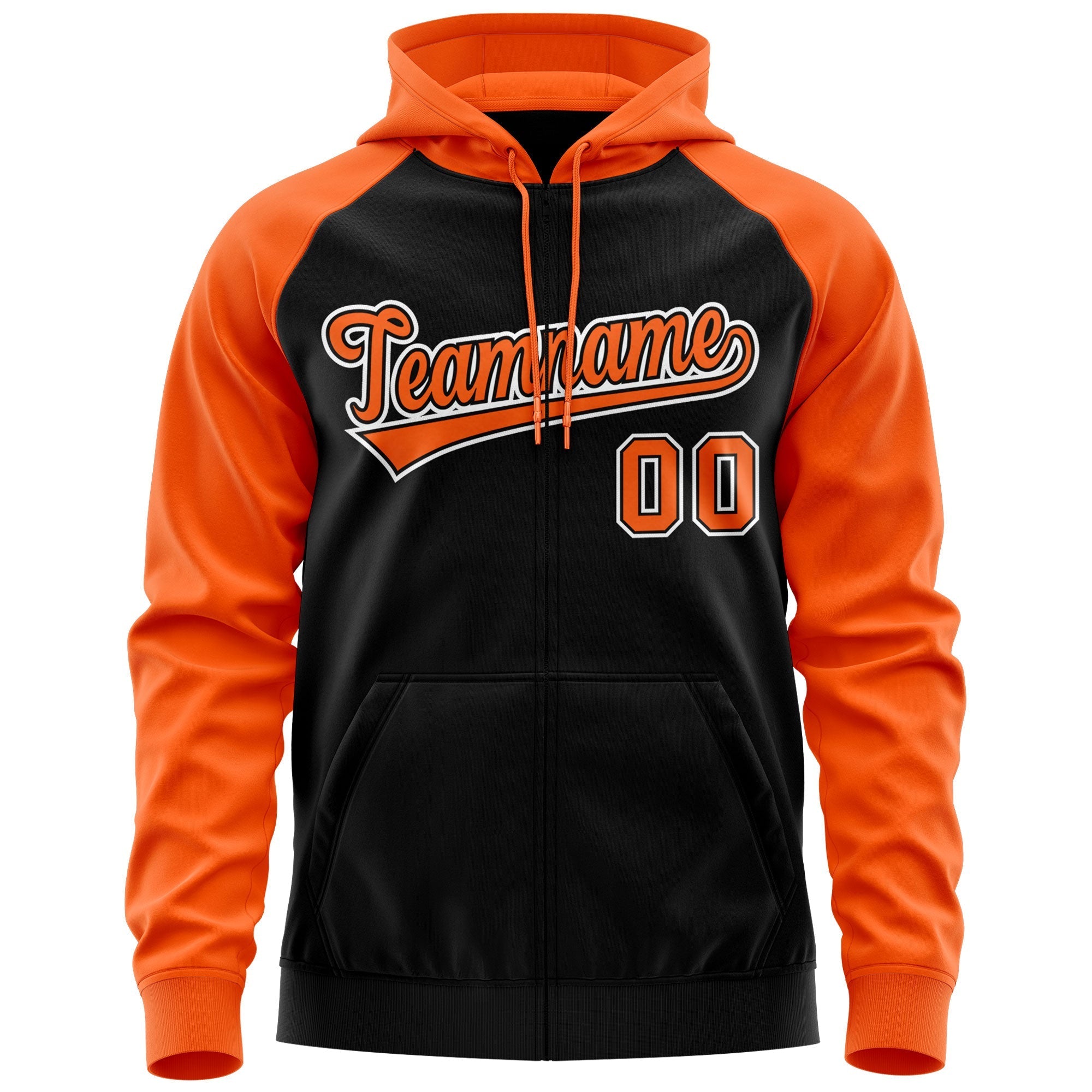 Custom Stitched Black Orange-White Raglan Sleeves Sports Full-Zip Sweatshirt Hoodie| KXKSHOP
