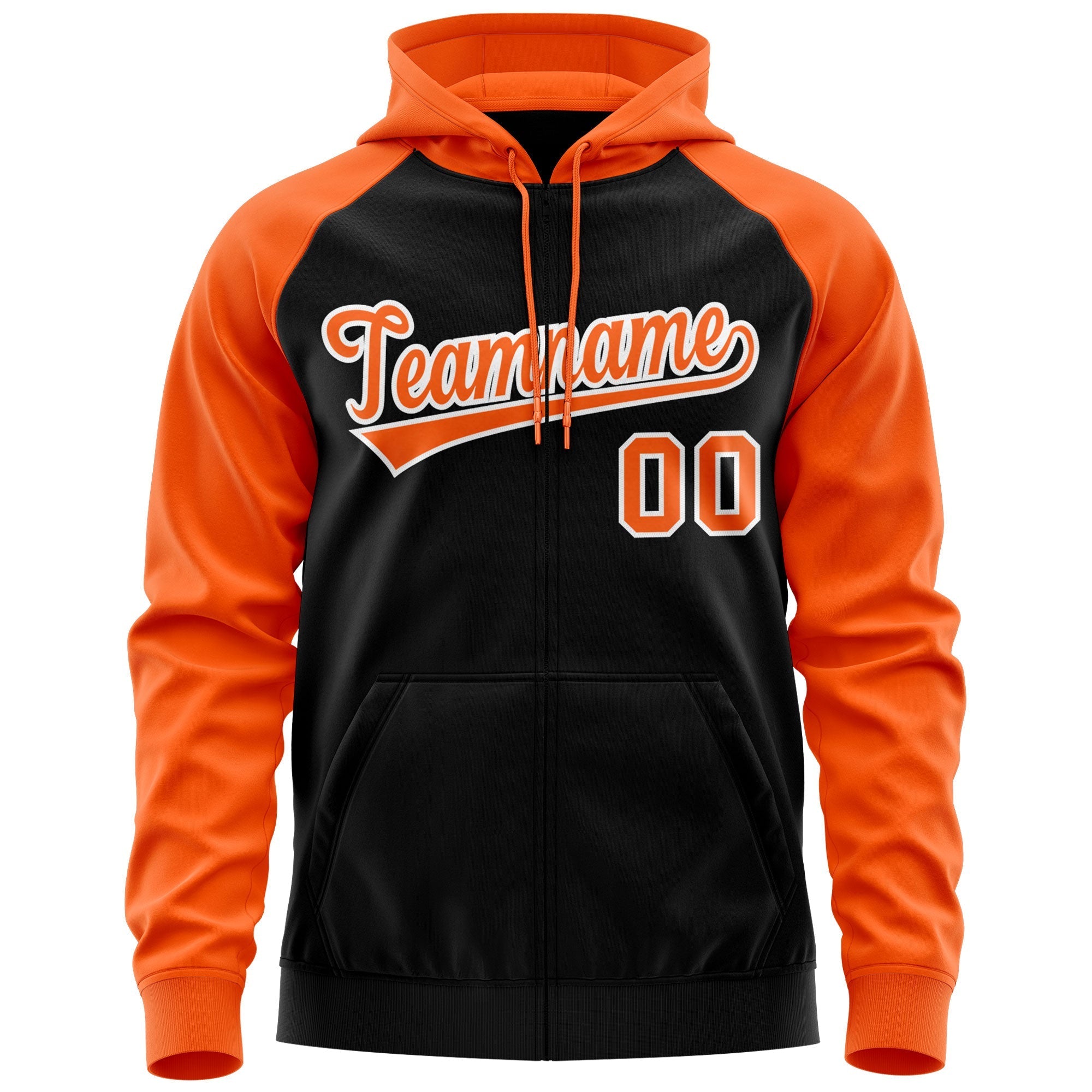 Custom Stitched Black Orange-White Raglan Sleeves Sports Full-Zip Sweatshirt Hoodie| KXKSHOP