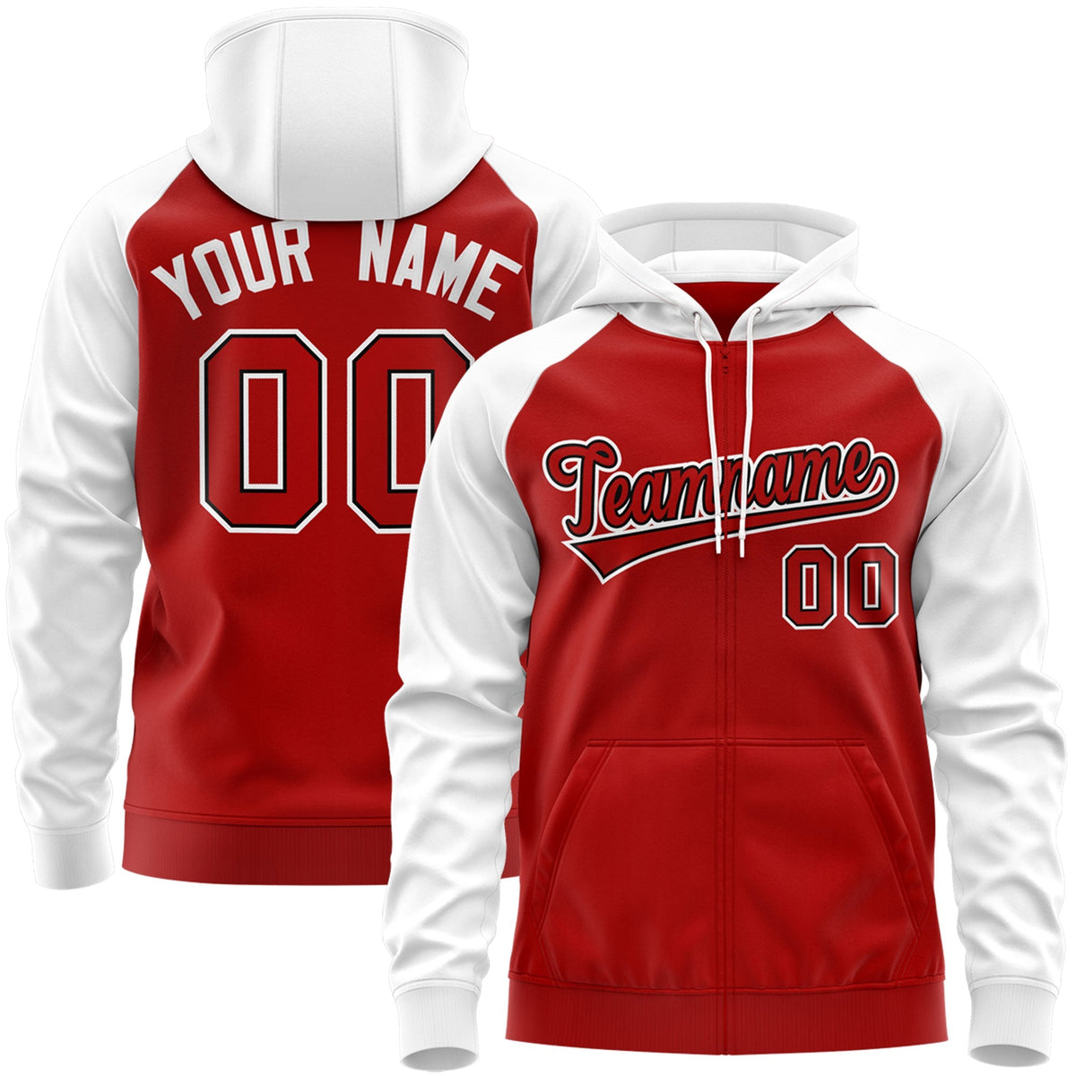 Custom Stitched Red Black-White Raglan Sleeves Sports Full-Zip Sweatshirt Hoodie| KXKSHOP