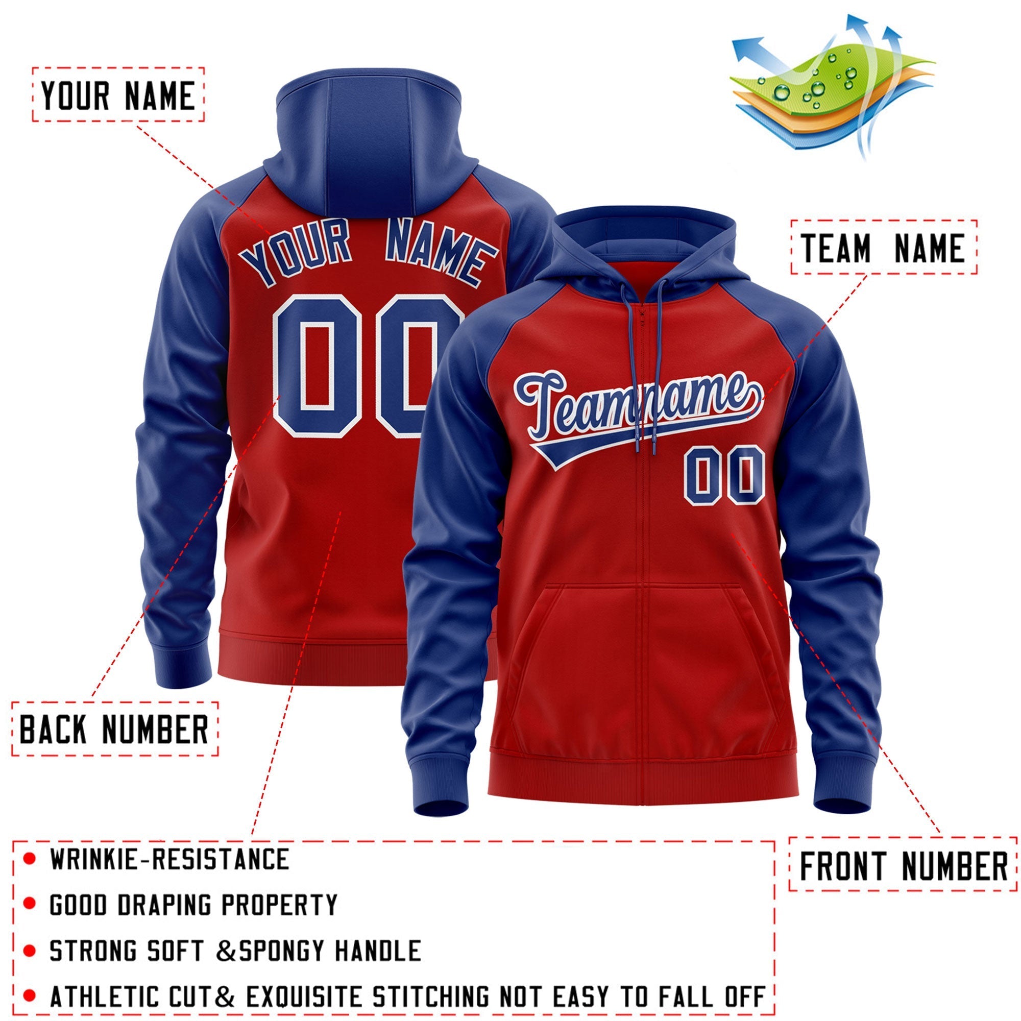 Custom Stitched Red Royal-White Raglan Sleeves Sports Full-Zip Sweatshirt Hoodie| KXKSHOP