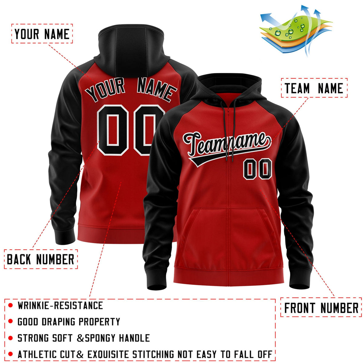 Custom Stitched Red Black-White Raglan Sleeves Sports Full-Zip Sweatshirt Hoodie| KXKSHOP