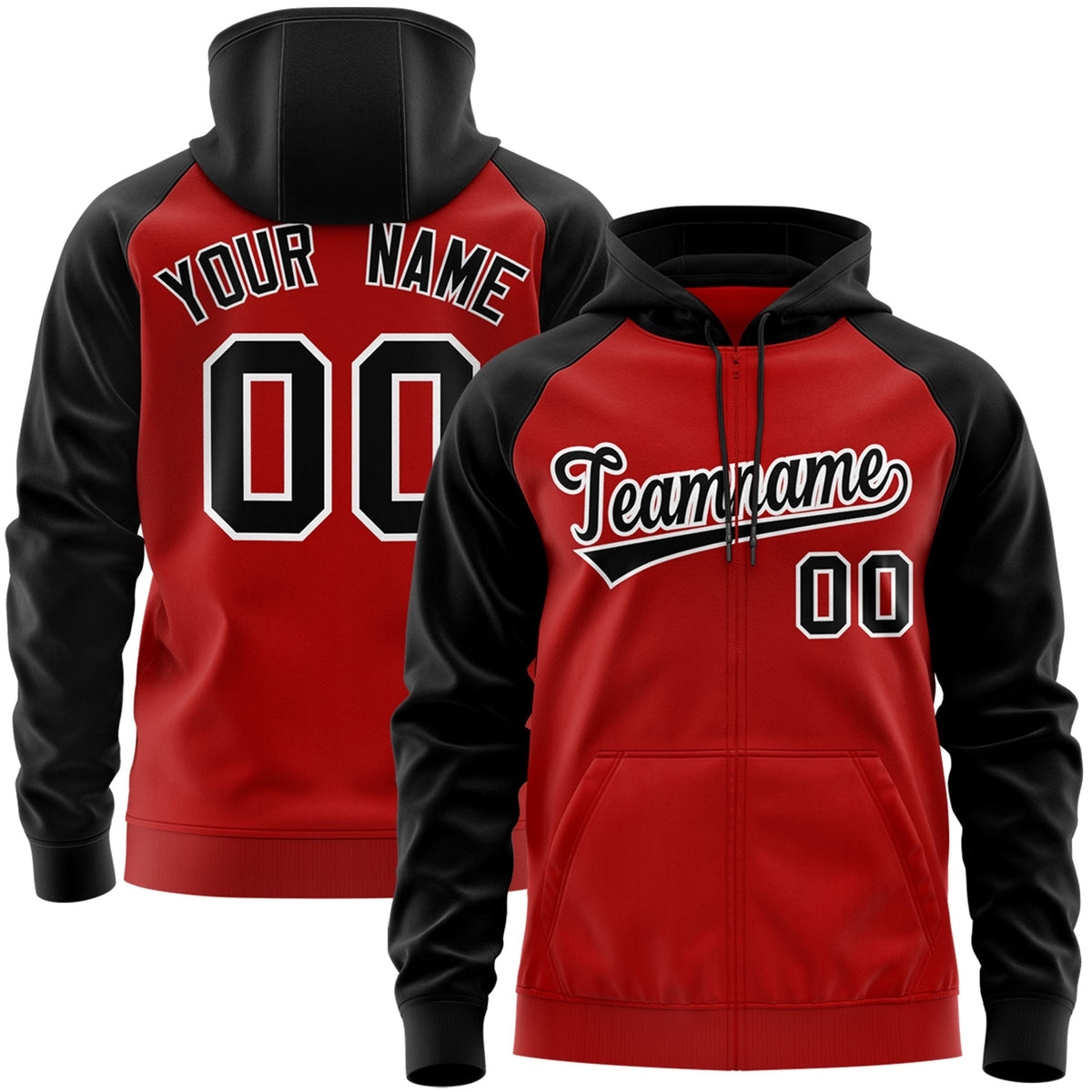 Custom Stitched Red Black-White Raglan Sleeves Sports Full-Zip Sweatshirt Hoodie| KXKSHOP