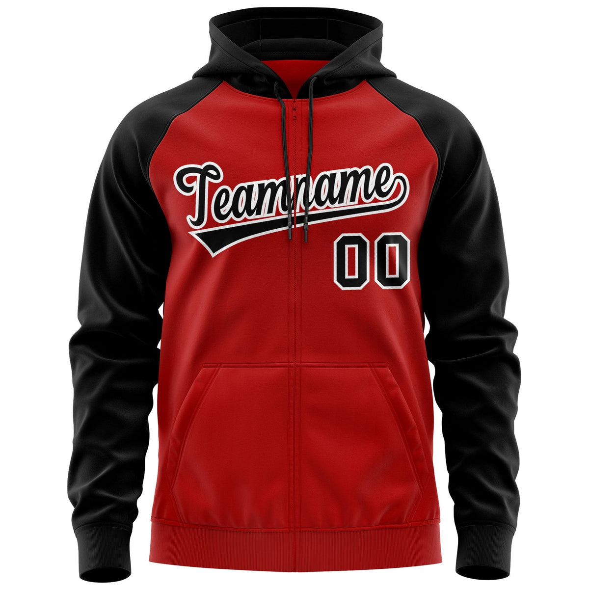 Custom Stitched Red Black-White Raglan Sleeves Sports Full-Zip Sweatshirt Hoodie| KXKSHOP