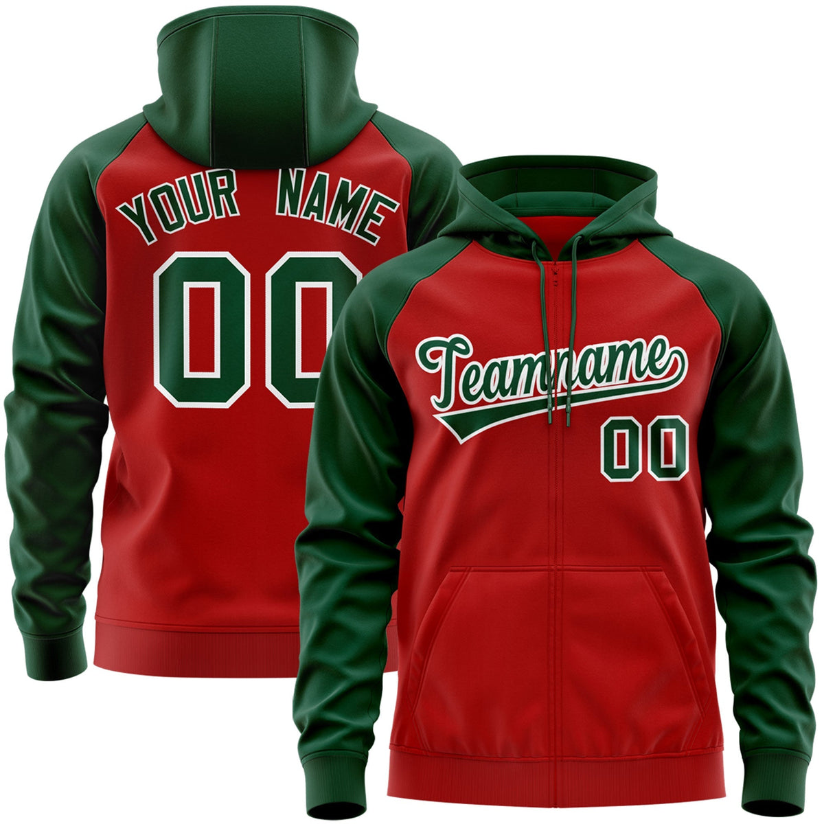Custom Stitched Red Green-White Raglan Sleeves Sports Full-Zip Sweatshirt Hoodie| KXKSHOP