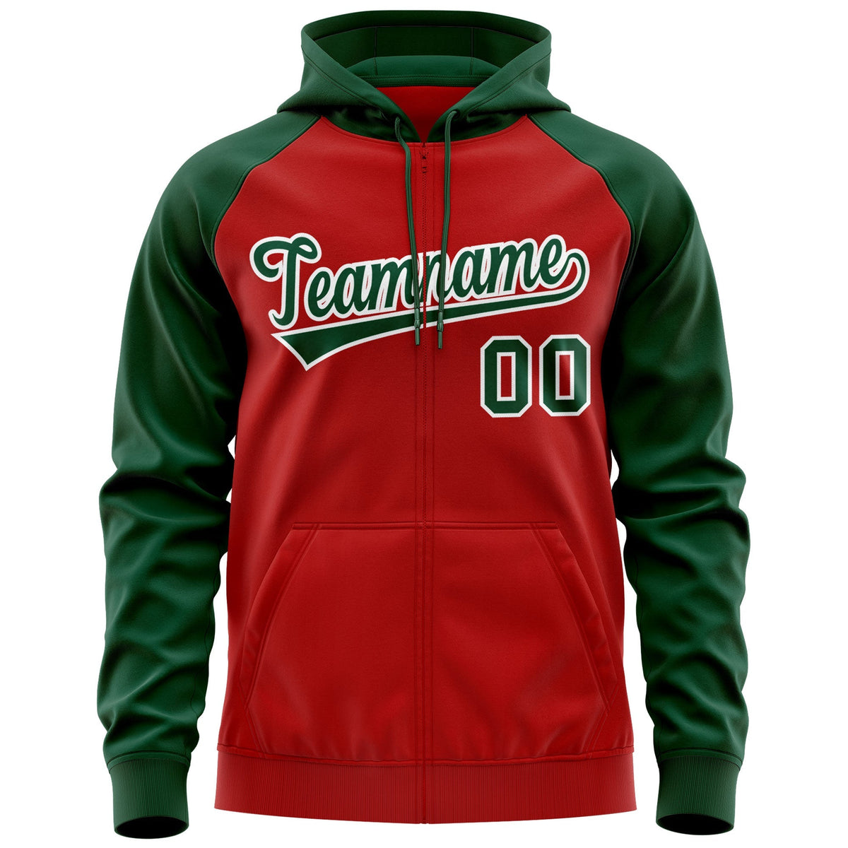 Custom Stitched Red Green-White Raglan Sleeves Sports Full-Zip Sweatshirt Hoodie| KXKSHOP