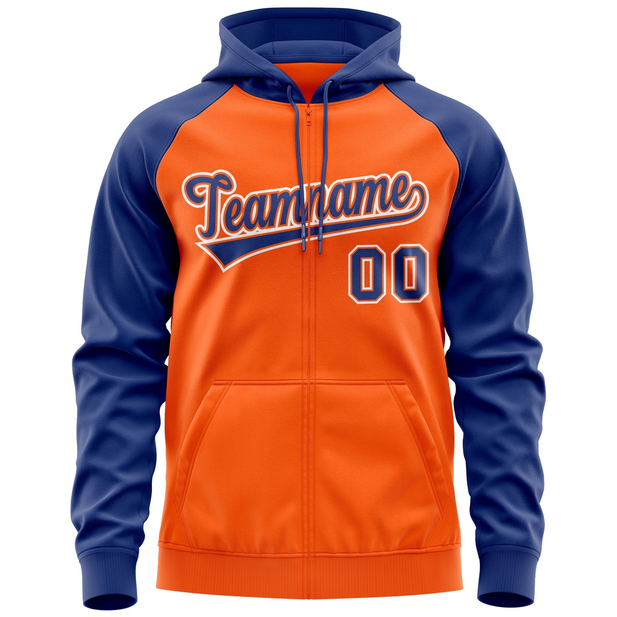 Custom Stitched Orange Royal-White Raglan Sleeves Sports Full-Zip Sweatshirt Hoodie| KXKSHOP