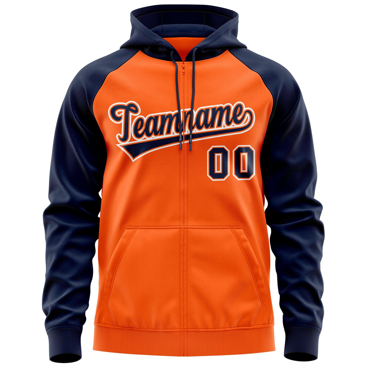 Custom Stitched Orange Navy-White Raglan Sleeves Sports Full-Zip Sweatshirt Hoodie| KXKSHOP