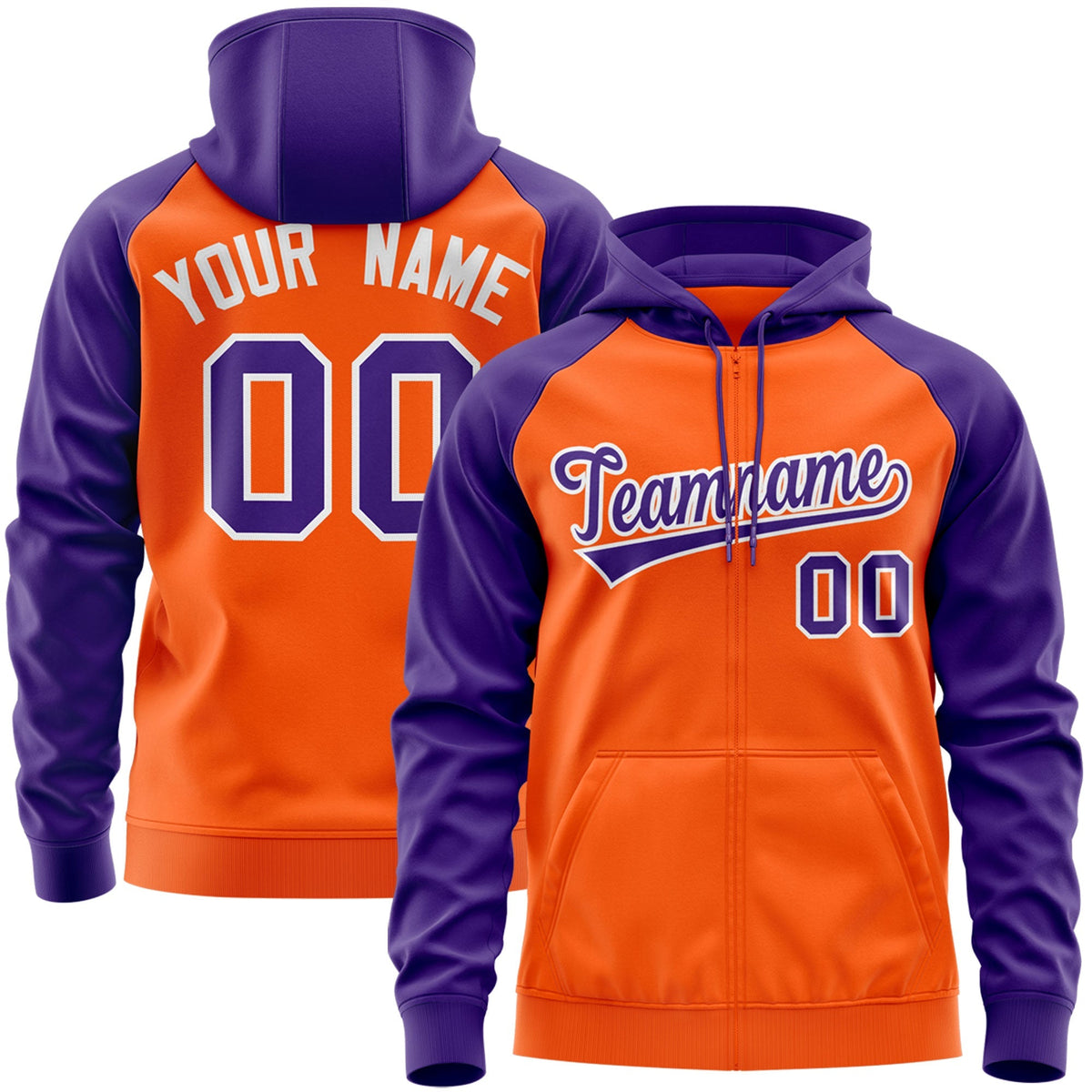 Custom Stitched Orange Purple-White Raglan Sleeves Sports Full-Zip Sweatshirt Hoodie| KXKSHOP