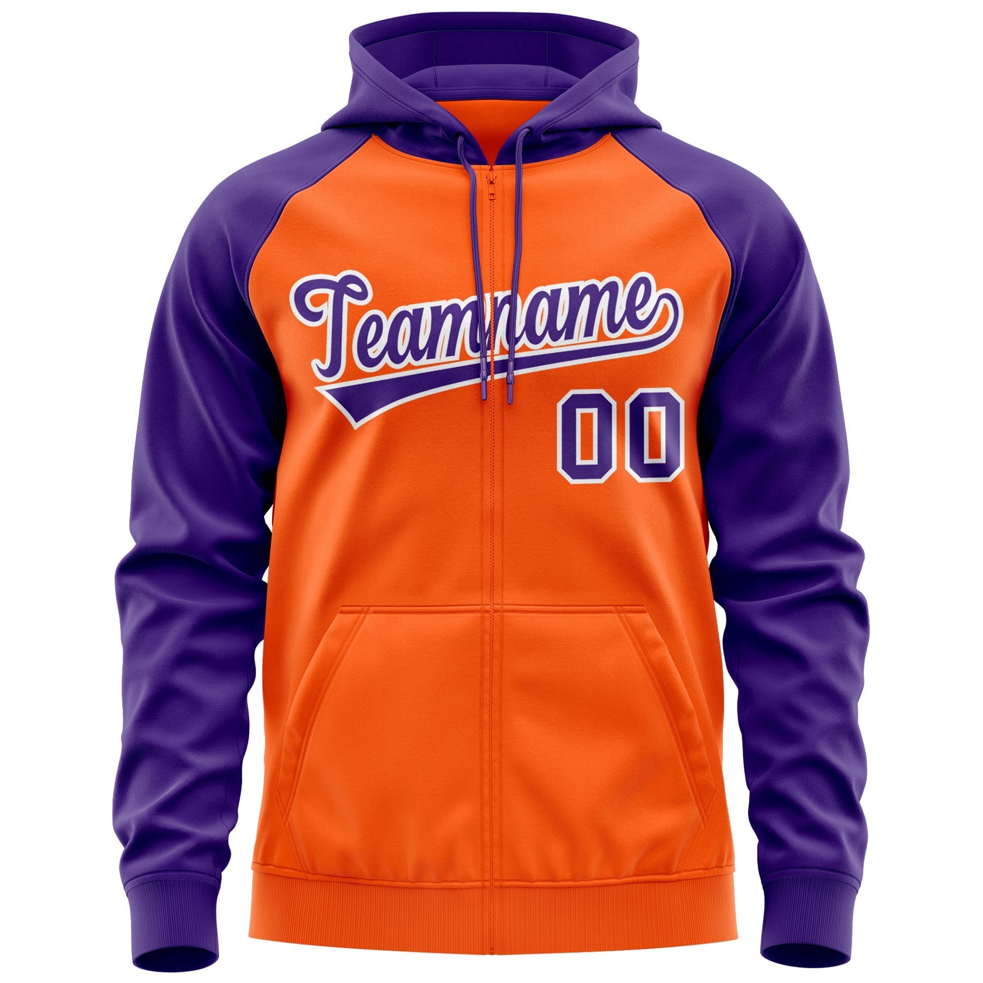 Custom Stitched Orange Purple-White Raglan Sleeves Sports Full-Zip Sweatshirt Hoodie| KXKSHOP
