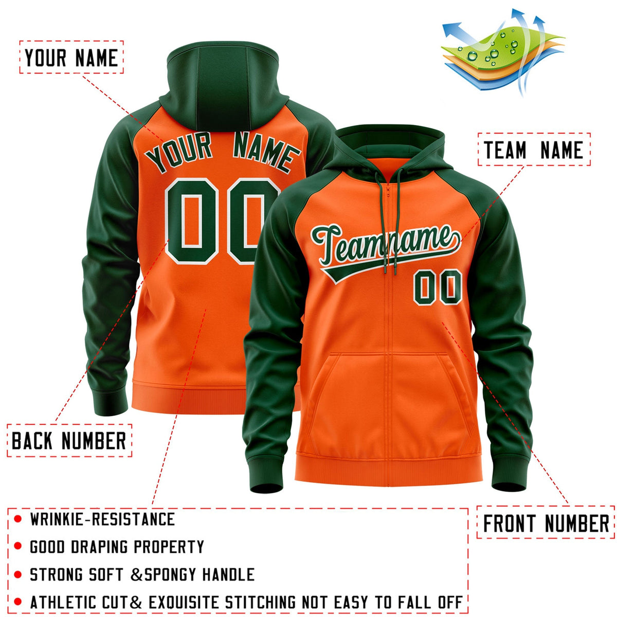 Custom Stitched Orange Green-White Raglan Sleeves Sports Full-Zip Sweatshirt Hoodie| KXKSHOP
