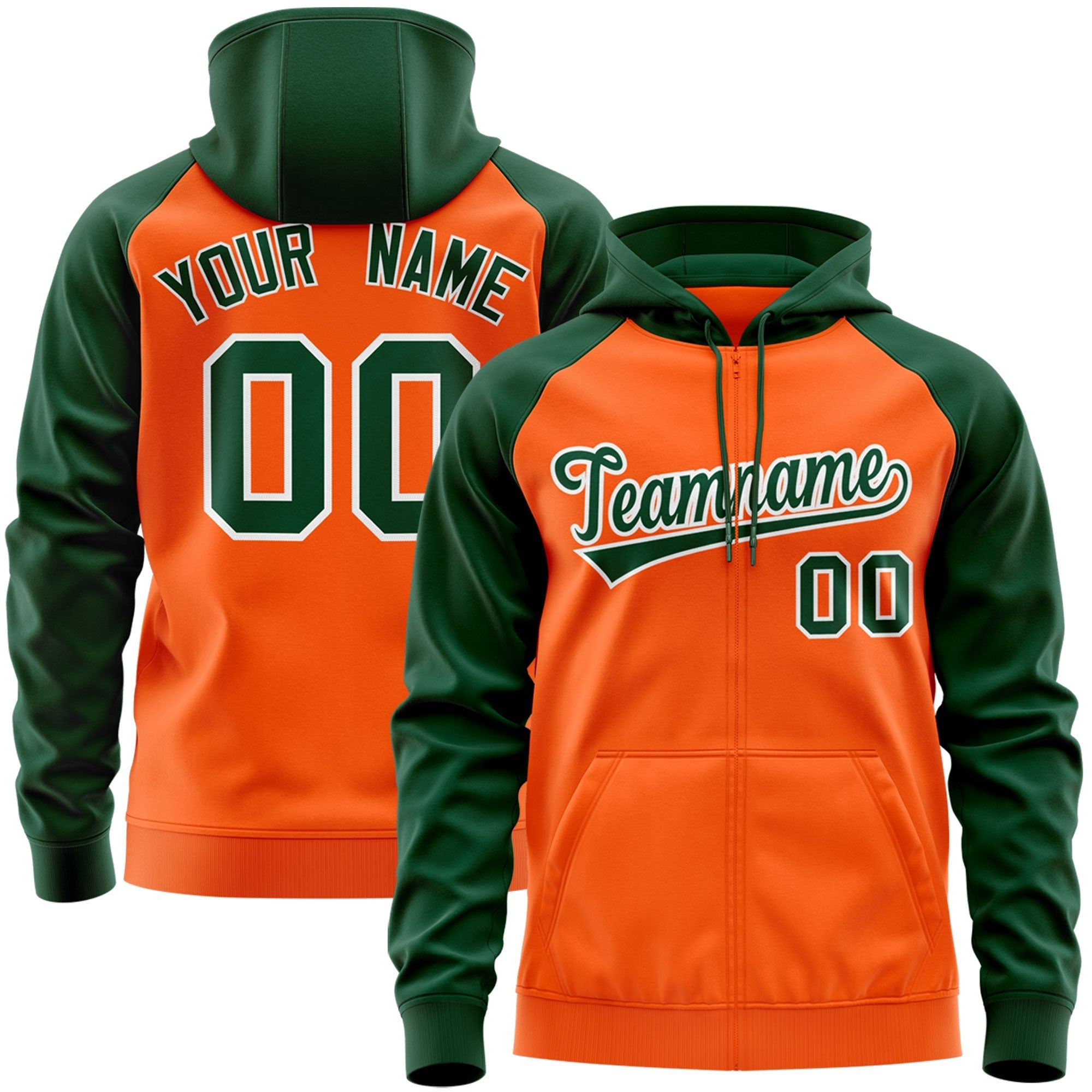 Custom Stitched Orange Green-White Raglan Sleeves Sports Full-Zip Sweatshirt Hoodie| KXKSHOP