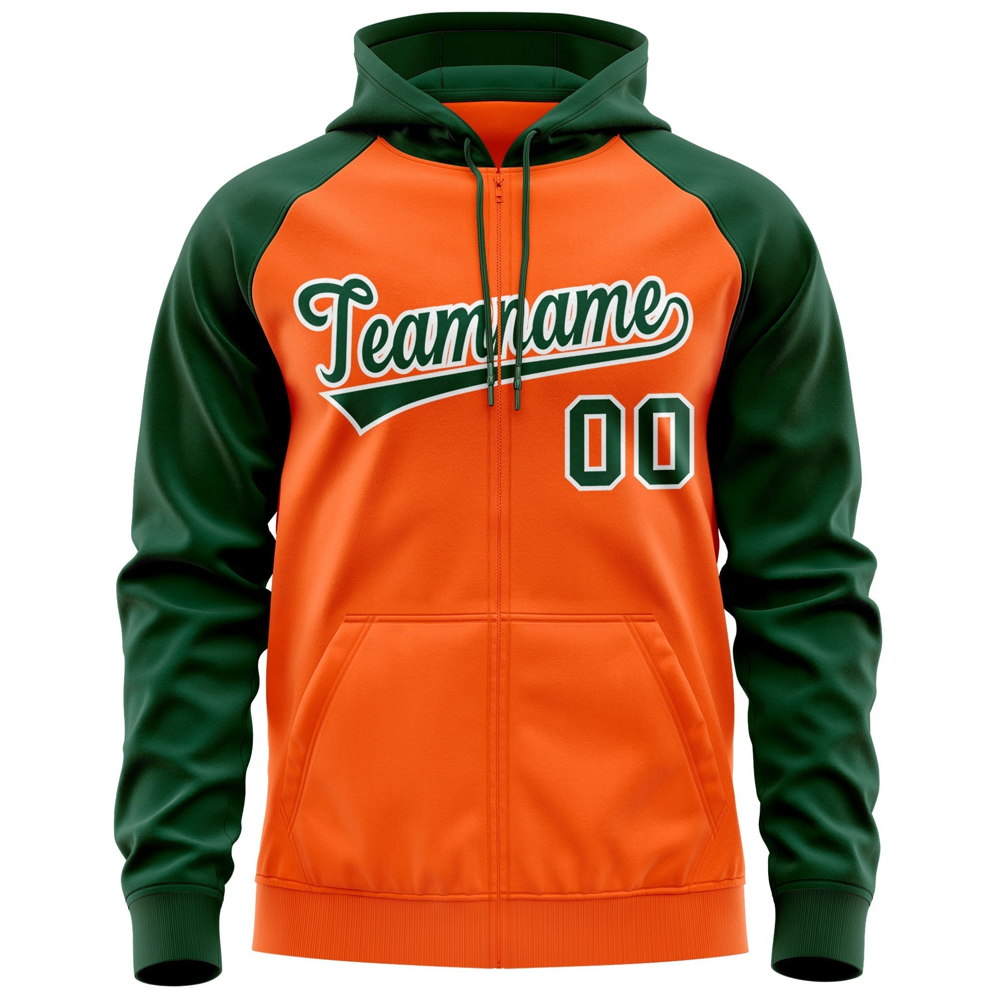 Custom Stitched Orange Green-White Raglan Sleeves Sports Full-Zip Sweatshirt Hoodie| KXKSHOP