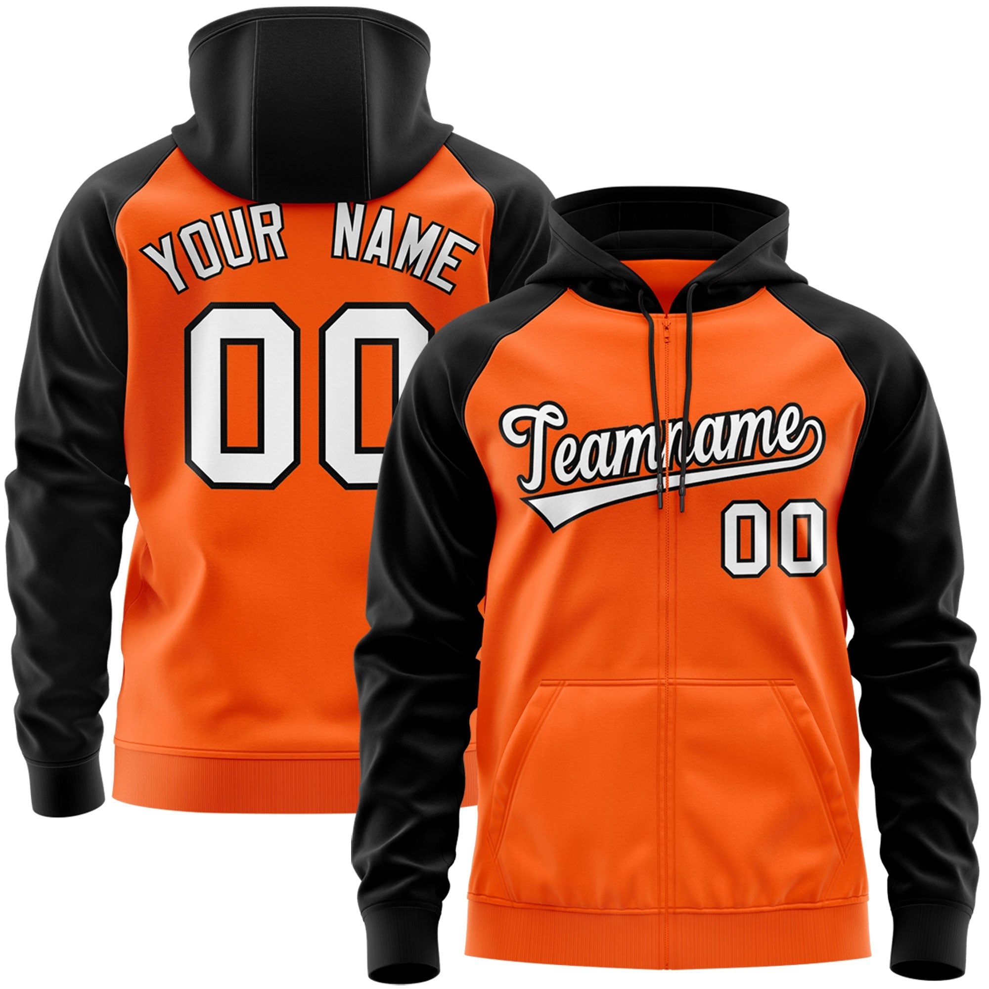 Custom Stitched Orange White-Black Raglan Sleeves Sports Full-Zip Sweatshirt Hoodie| KXKSHOP