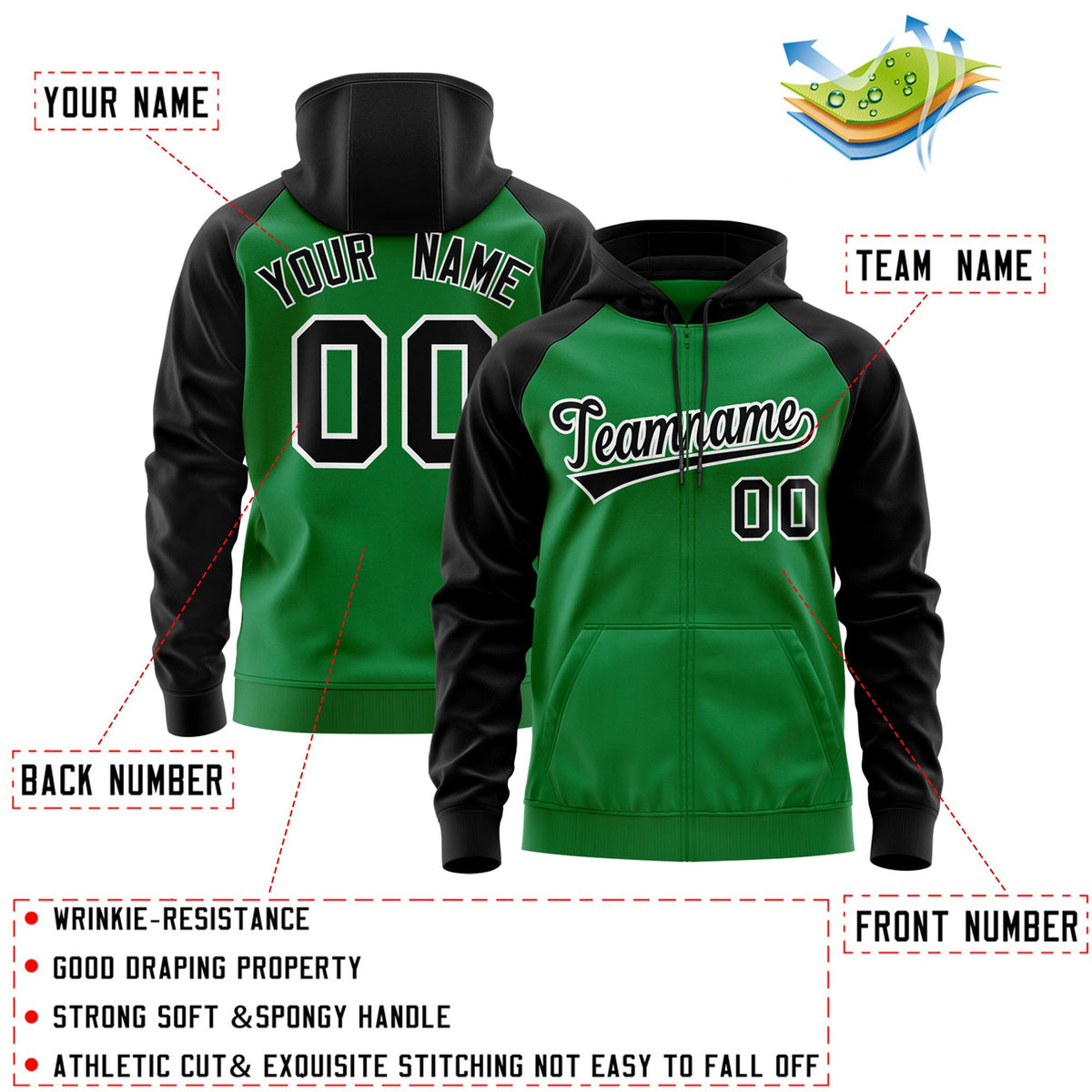 Custom Stitched Kelly Green Black-White Raglan Sleeves Sports Full-Zip Sweatshirt Hoodie| KXKSHOP