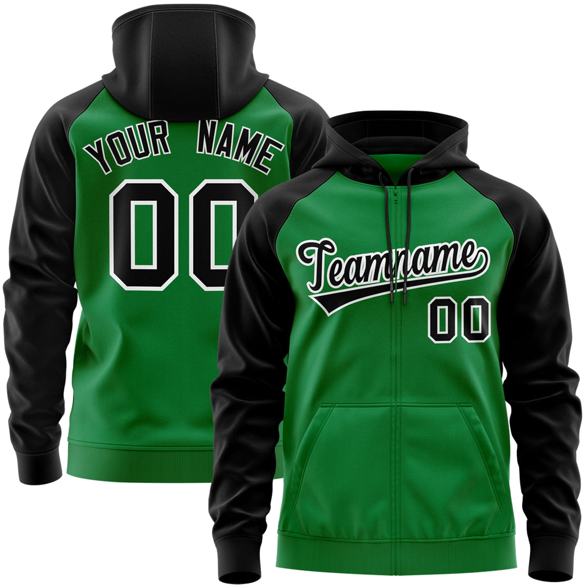 Custom Stitched Kelly Green Black-White Raglan Sleeves Sports Full-Zip Sweatshirt Hoodie| KXKSHOP
